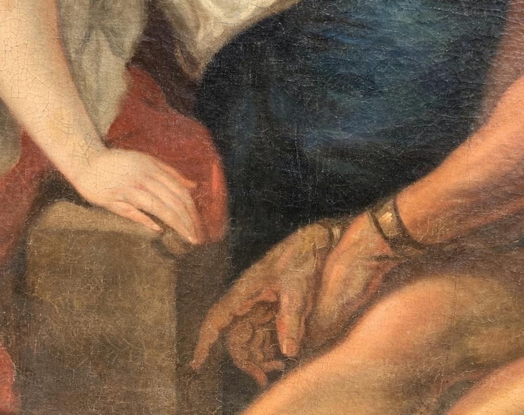 Anhänger von Sir Pieter Paul Rubens (17. Jahrhundert) - Caritas Romana.

127 x 101 cm ohne Rahmen, 138 x 112 cm mit Rahmen.

Öl auf Leinwand, gerahmt.

Zustandsbericht: Erstes Leinwandgemälde, neu gespannt auf einem neuen Rahmen mit unterstützenden
