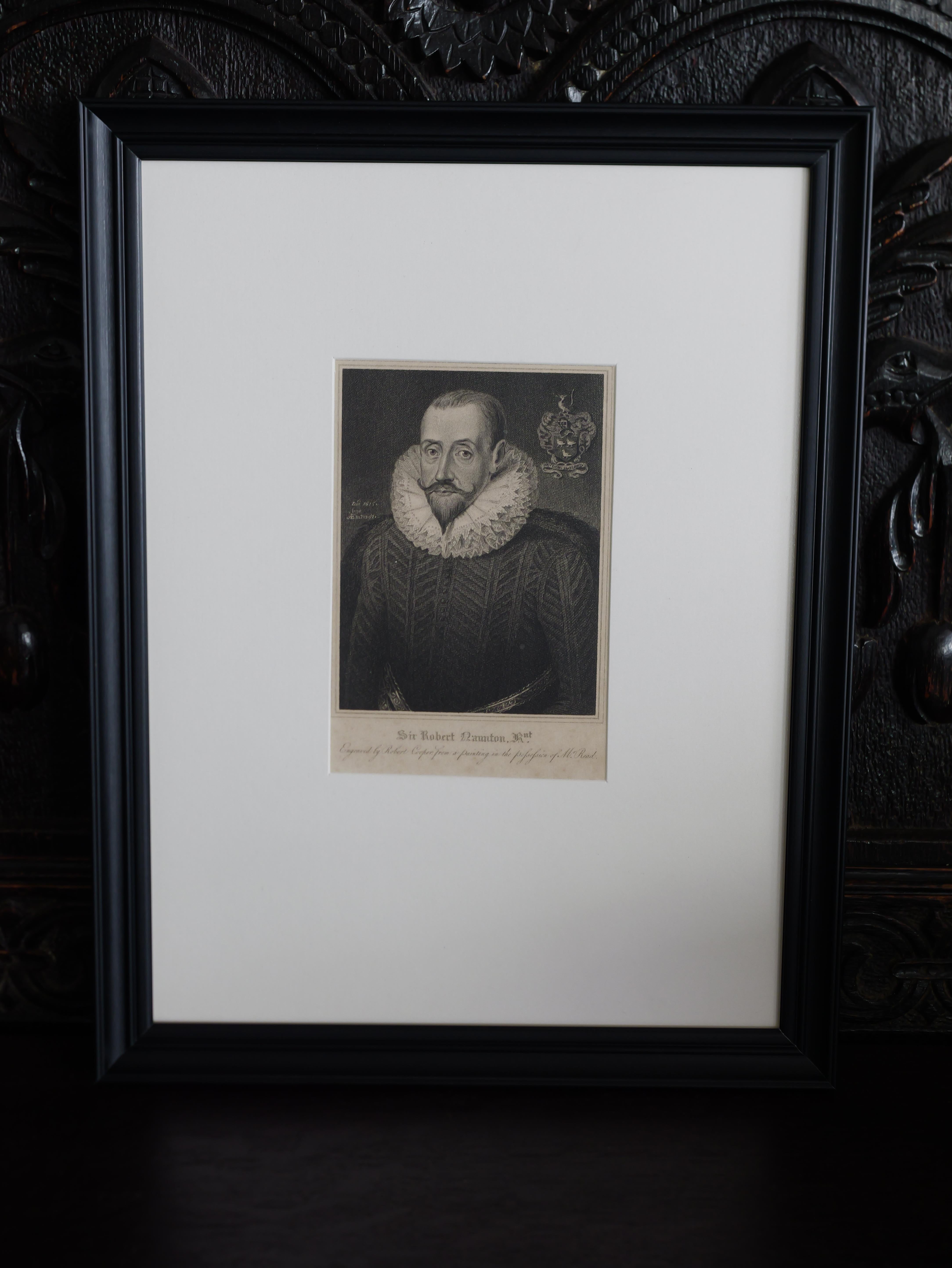 Cette gravure ancienne de Sir Robert Naunton, réalisée par Robert Cooper en Angleterre, illustre la technique méticuleuse de la gravure au pointillé. Produite en 1814, cette pièce est en excellent état et a déjà été encadrée professionnellement,