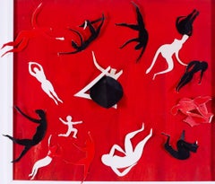 British, St. Ives school collage by Sir Terry Frost, dancing figures on red back