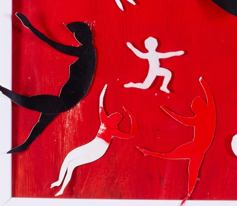 British, St. Ives school collage by Sir Terry Frost, dancing figures on red back For Sale 1