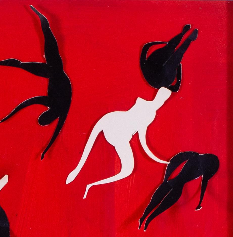 British, St. Ives school collage by Sir Terry Frost, dancing figures on red back For Sale 2