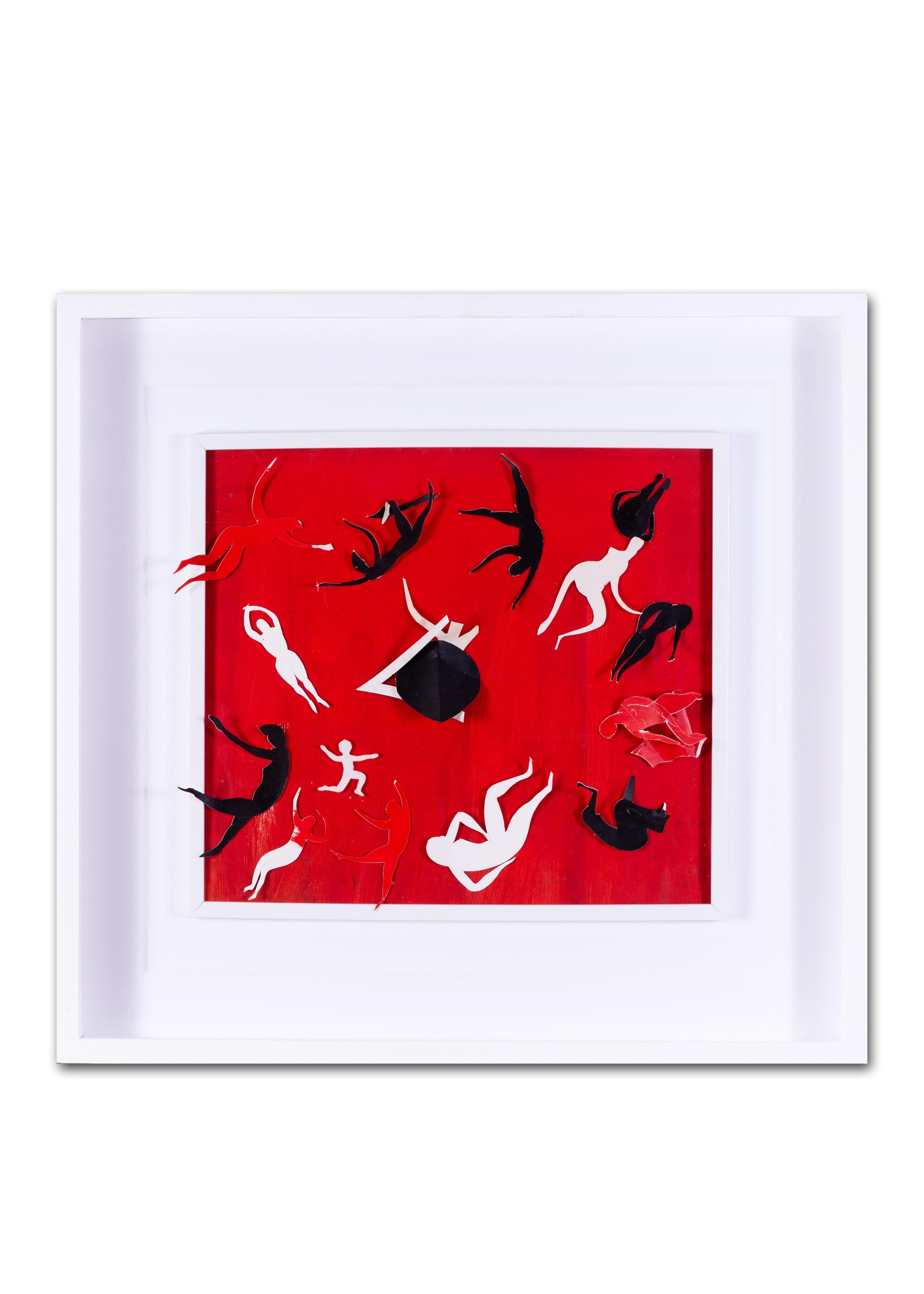 British, St. Ives school collage by Sir Terry Frost, dancing figures on red back For Sale 4