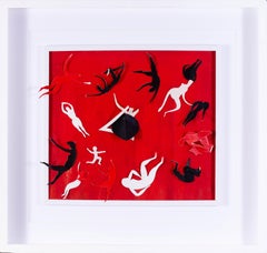 British, St. Ives school collage by Sir Terry Frost, dancing figures on red back