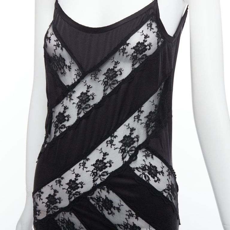SIR THE LABEL Aries 100% silk black sheer lace panel diagonal slip dress  US0 XS at 1stDibs