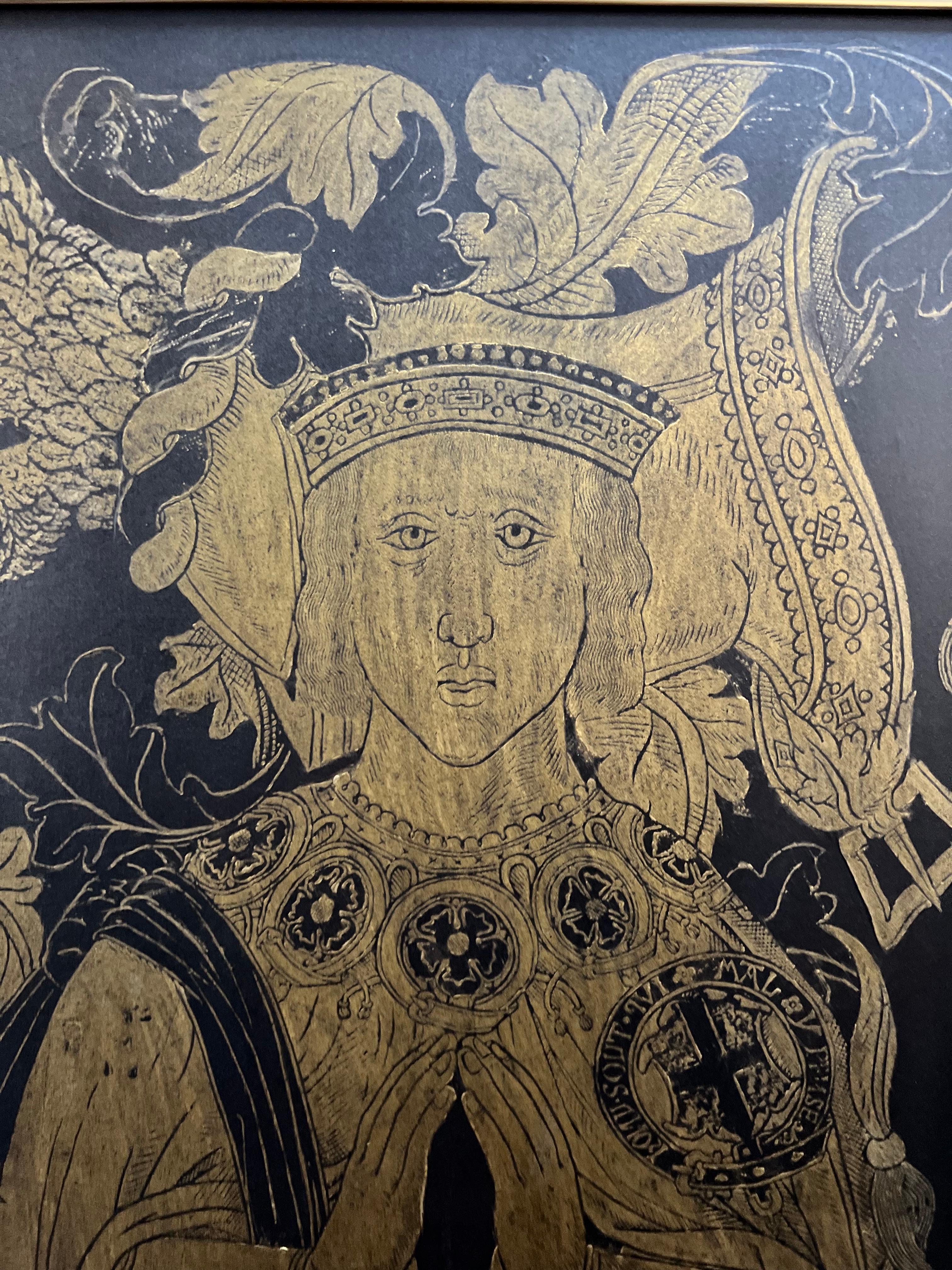 Stunning large rubbing of Sir Thomas measures approximately 30 by 69 inches. He has been made with gold heelball on black paper produced specifically for brass rubbing.
Sir Thomas Boleyn's brass is located in Hever, Kent, Great Britain. Sir Thomas
