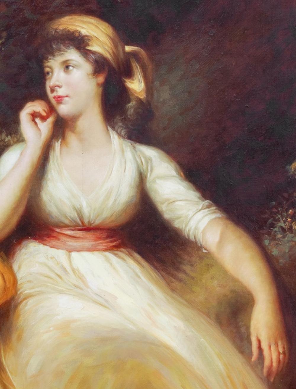 Porträt einer Dame in Weiß, 18. Jahrhundert School British Portraiture (Braun), Portrait Painting, von Sir Thomas Lawrence