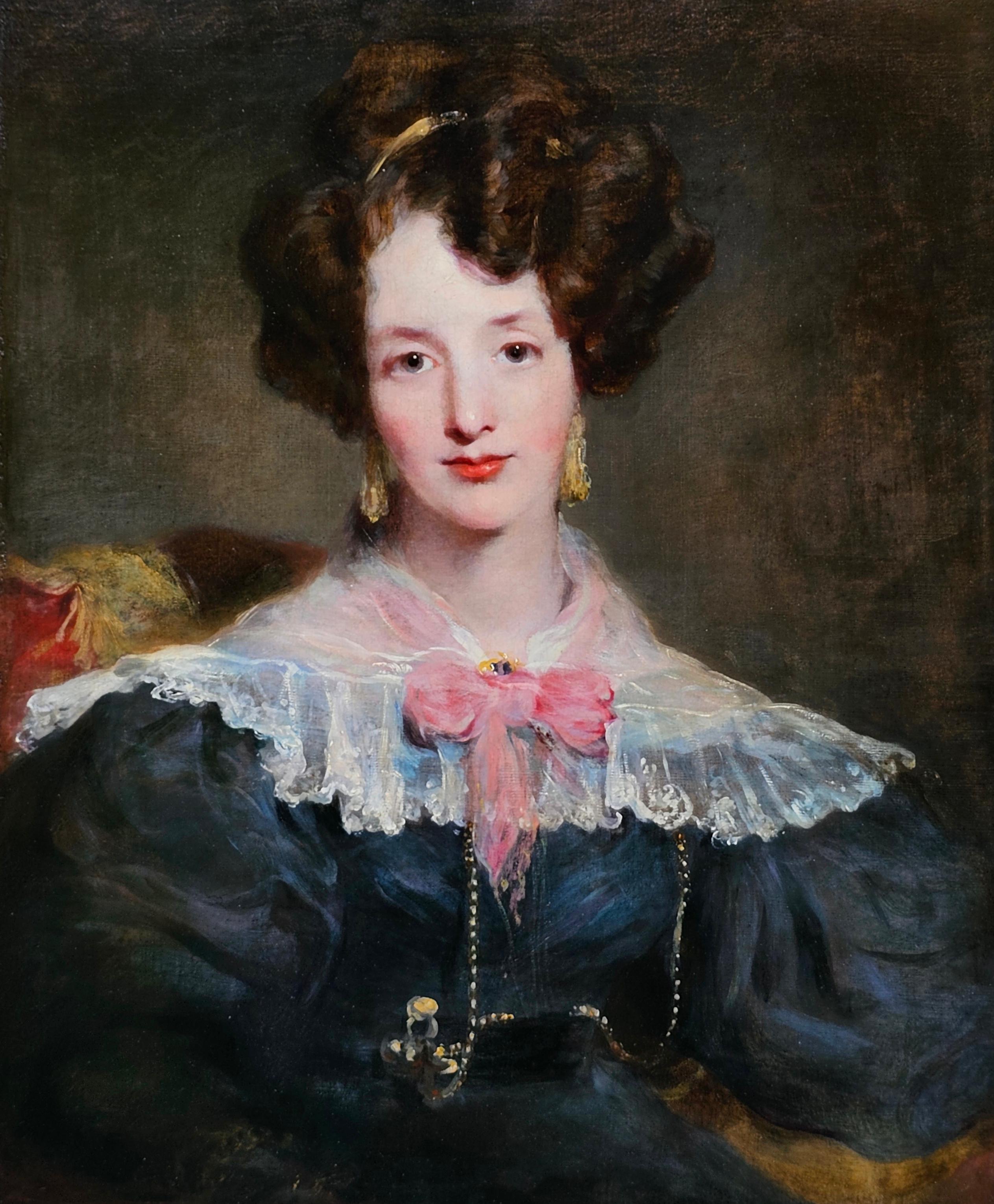 Portrait of a Lady with Pink Bow - British c 1820 Old Master art oil painting For Sale 7