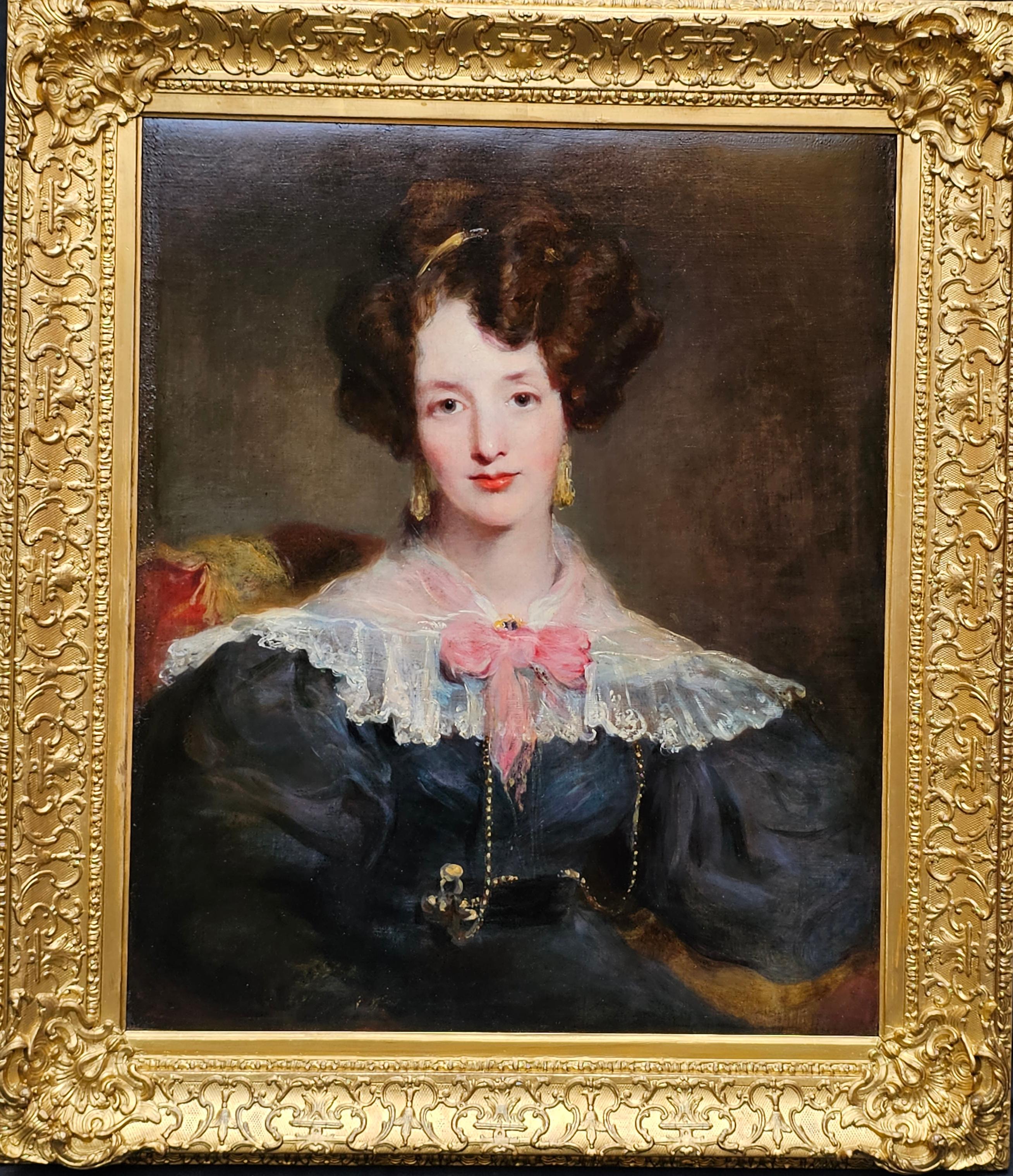 Portrait of a Lady with Pink Bow - British c 1820 Old Master art oil painting For Sale 8