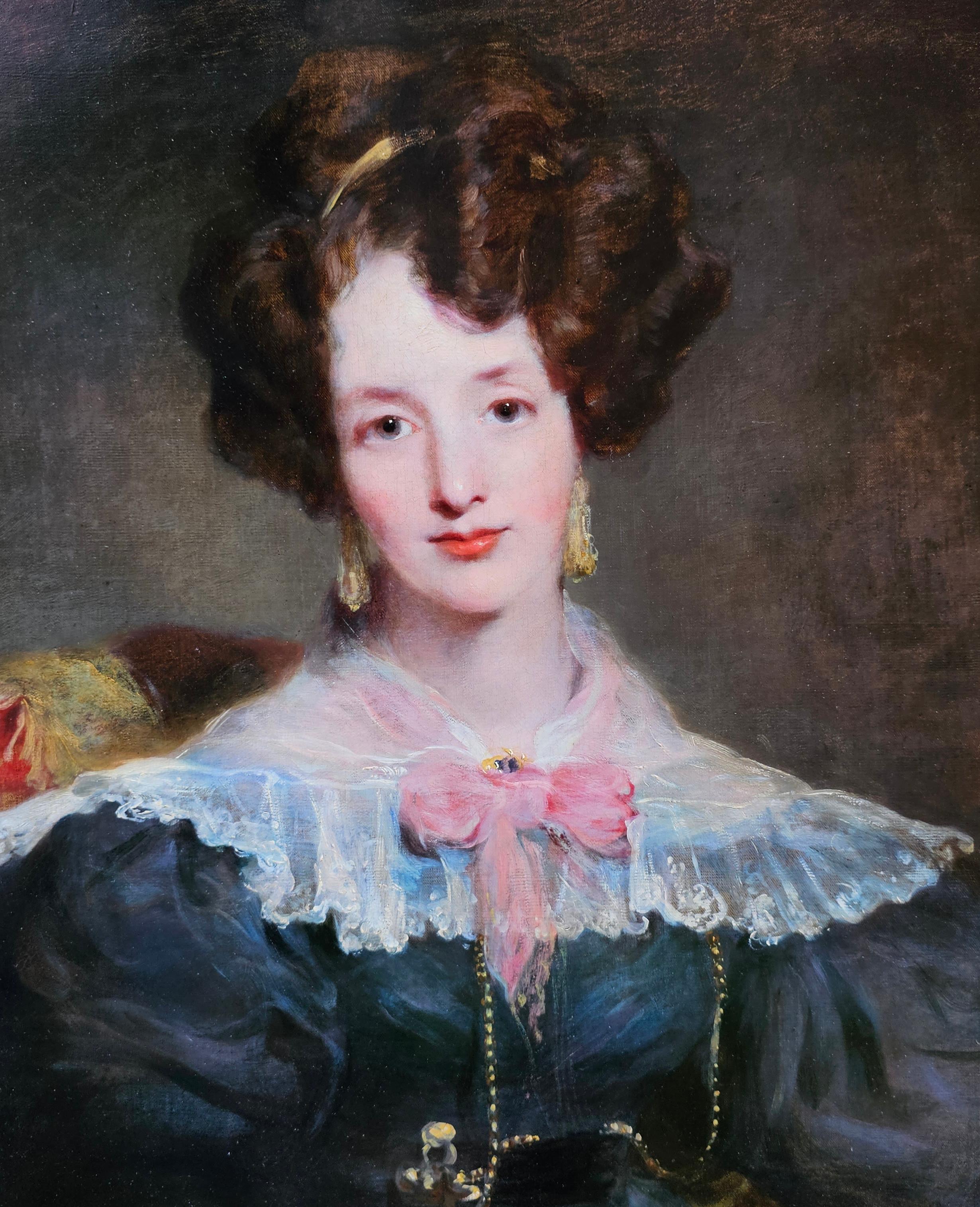 Porträt einer Dame mit rosa Schleife - Britisches Ölgemälde eines Alten Meisters, um 1820 im Angebot 1