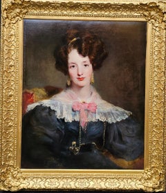 Portrait of a Lady with Pink Bow - British c 1820 Old Master art oil painting