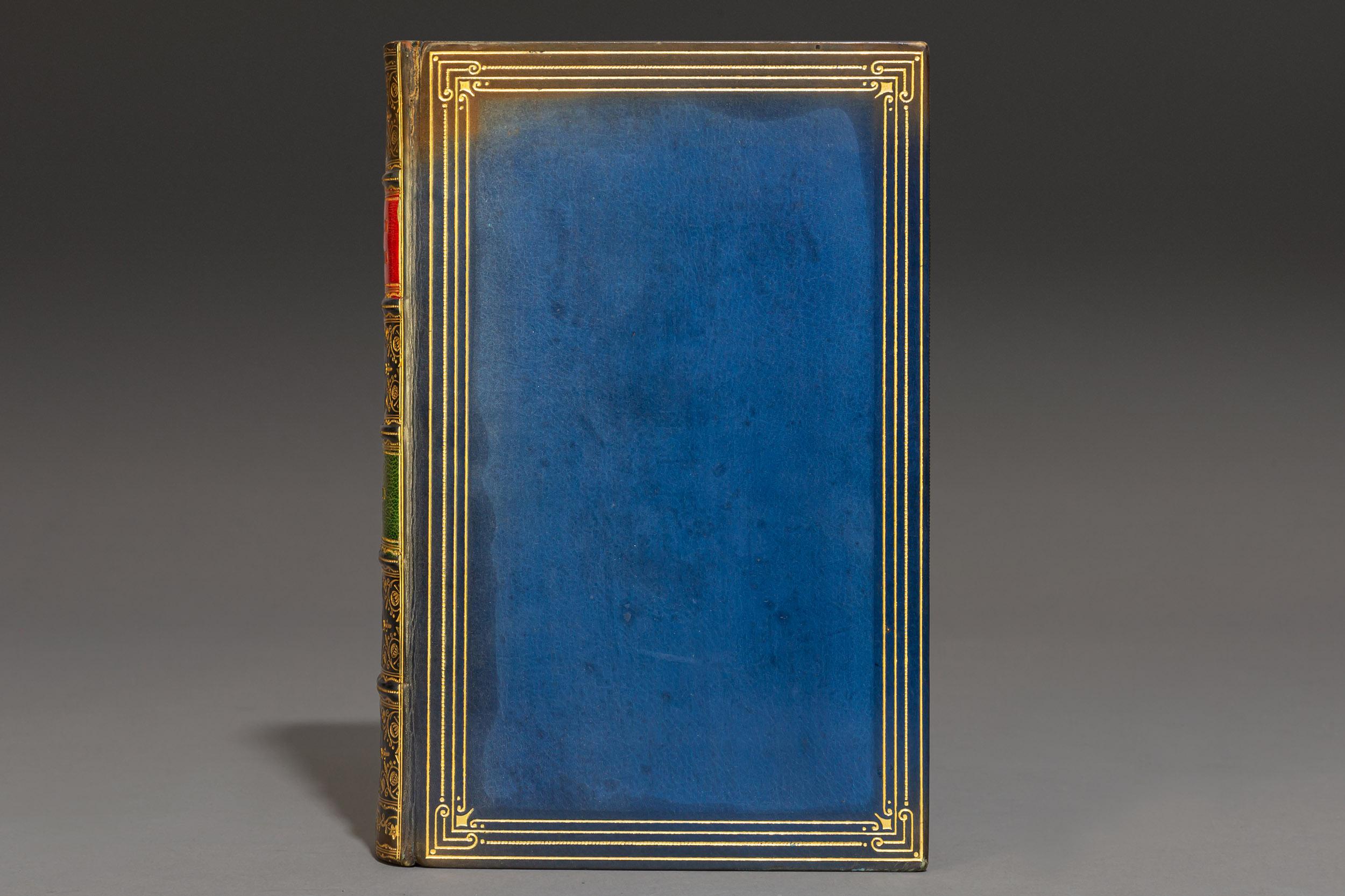 1 Volume. Sir Thomas Malory. LeMorte D'Arthur. Illustrated with color plates by Russell Flint. Bound In Full
Blue Polished Calf By Riviere, All Edges Gilt, Raised Bands, Ornate Gilt On Spines And Covers. Published:
London: Medici Society Ltd. 1929.