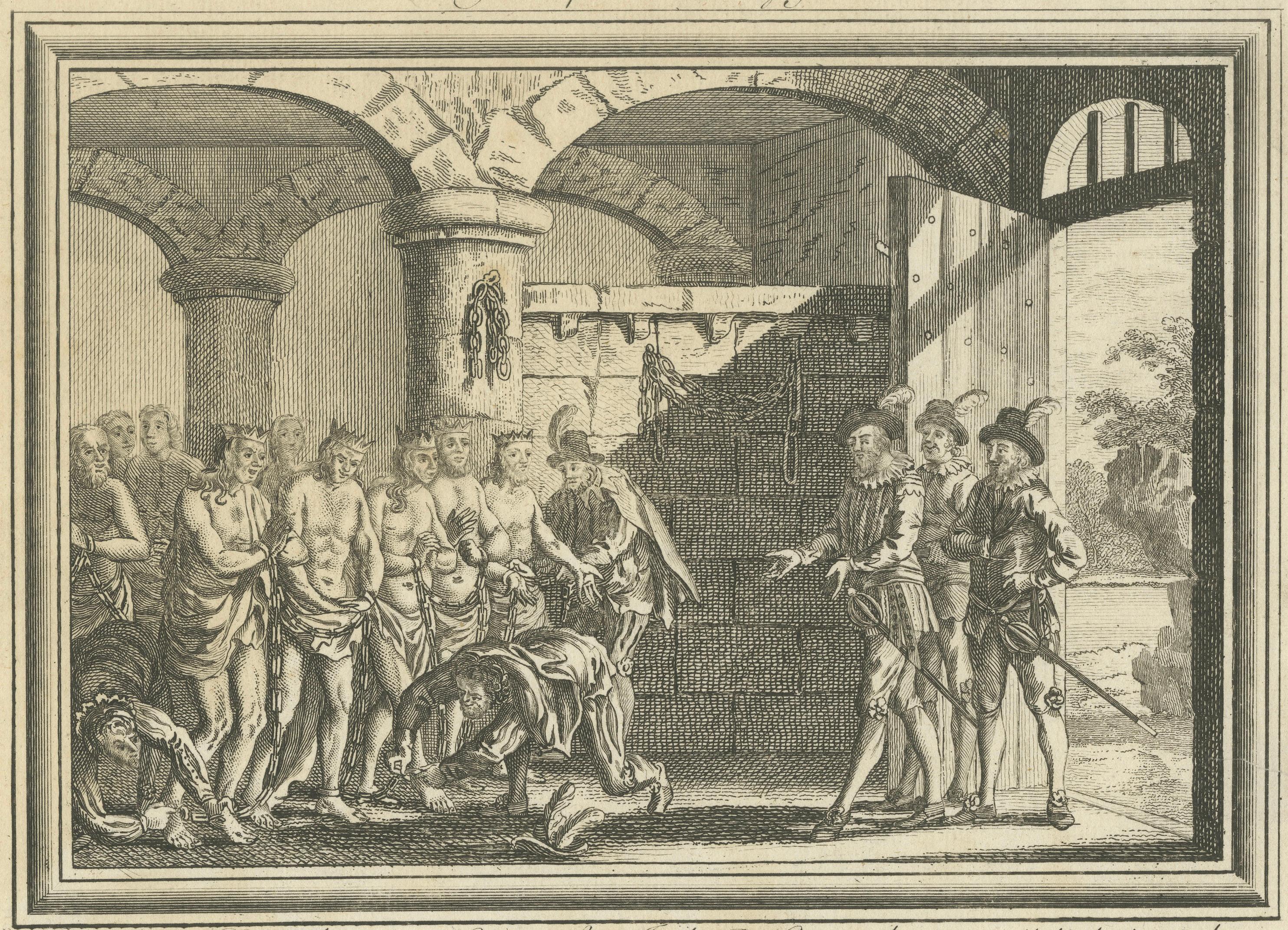 Sir Walter Raleigh Frees Five Indian Kings – Drake Voyages Engraving 1770