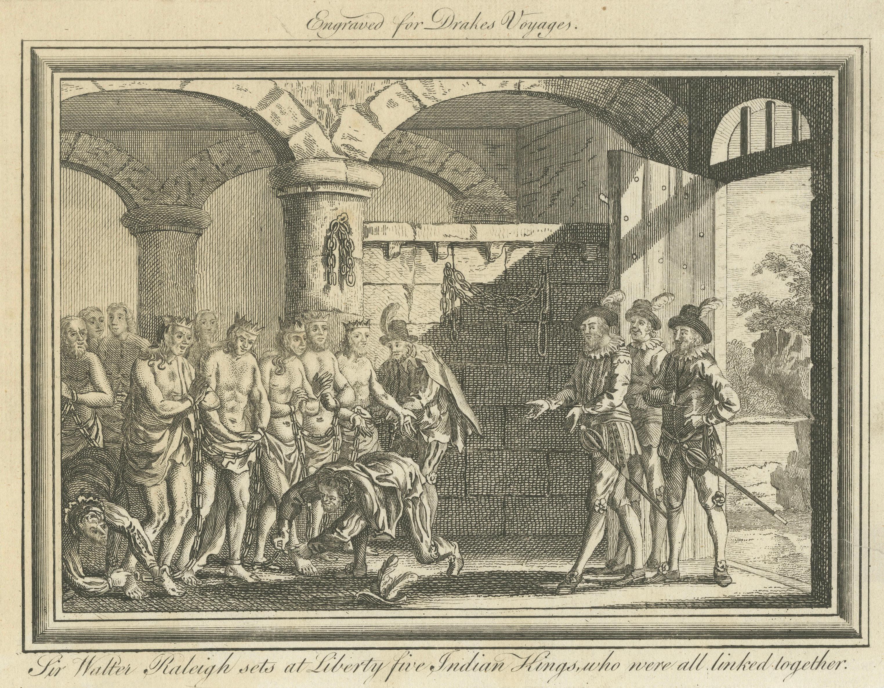 Sir Walter Raleigh Frees Five Indian Kings – Drake Voyages Engraving 1770