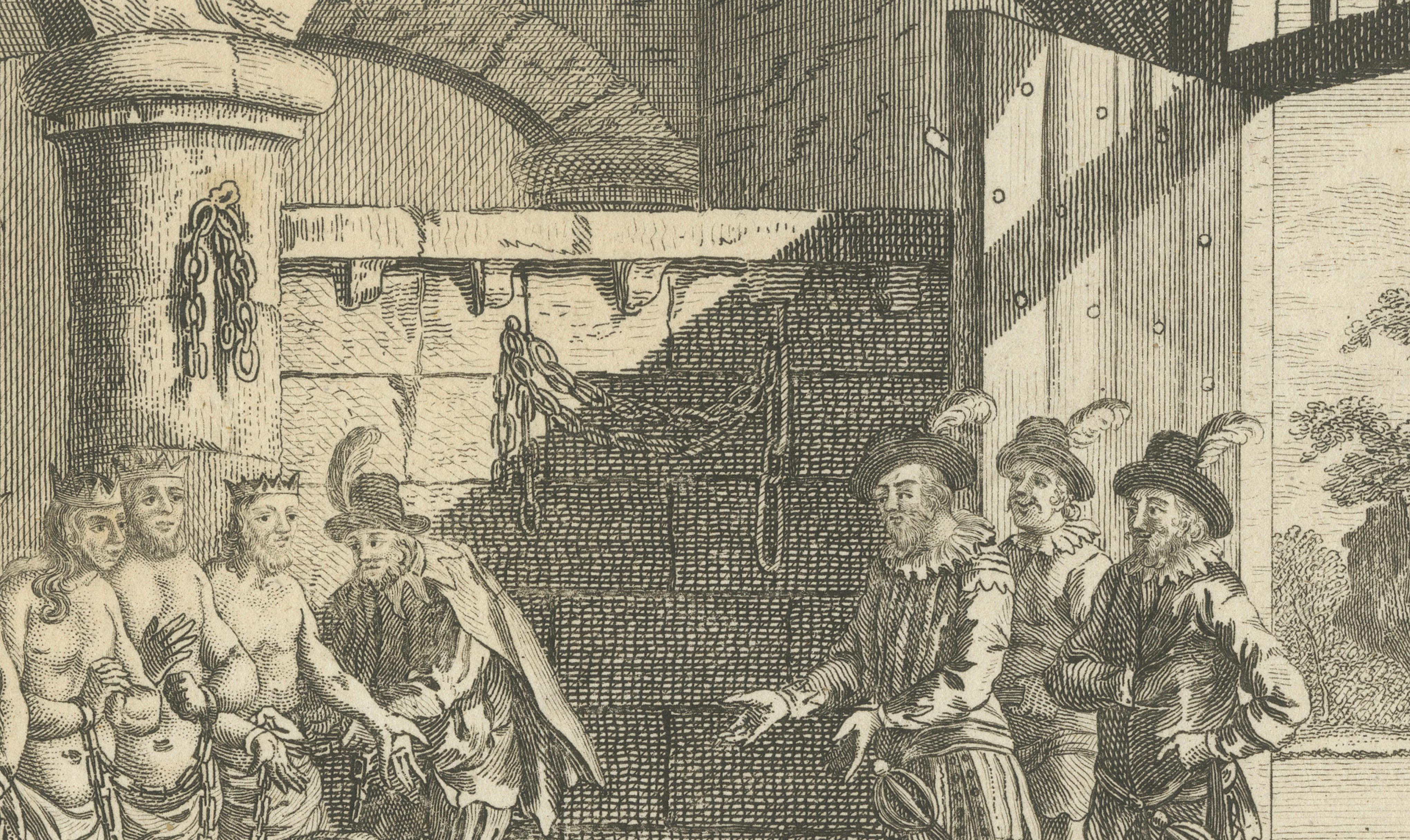 Sir Walter Raleigh Frees Five Indian Kings – Drake Voyages Engraving 1770