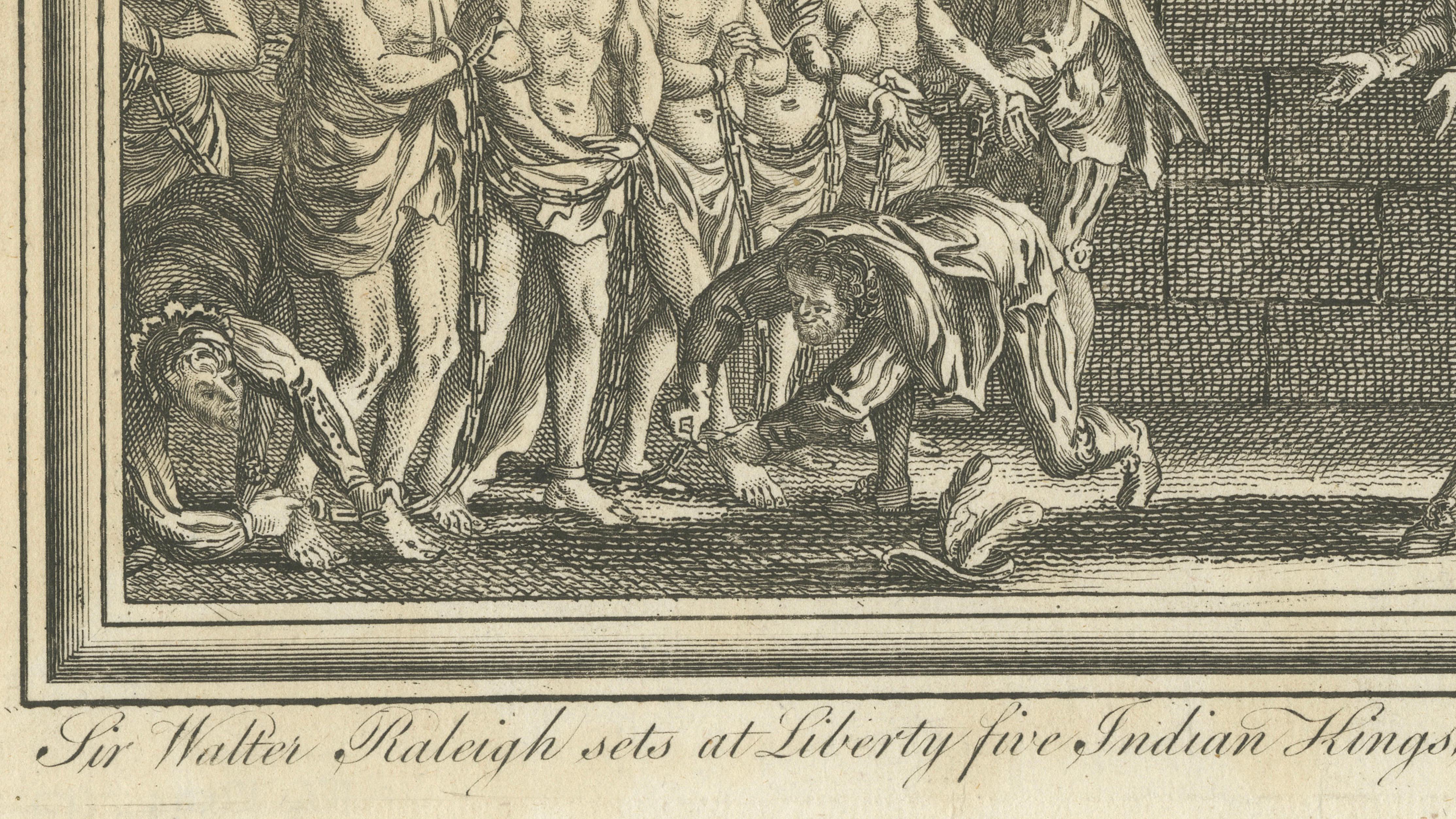 Sir Walter Raleigh Frees Five Indian Kings – Drake Voyages Engraving 1770