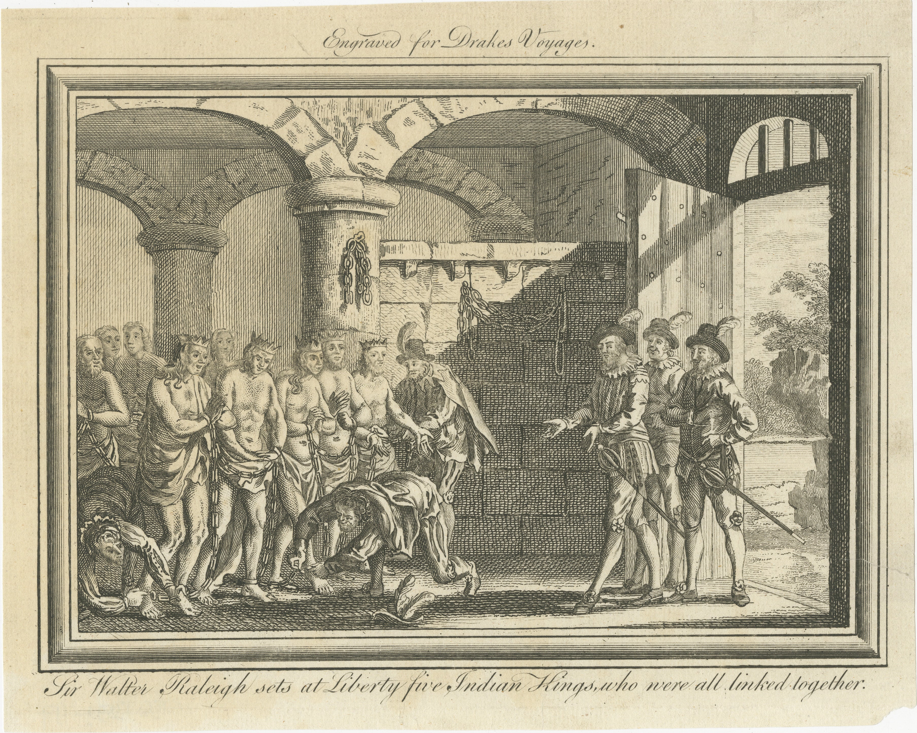 Sir Walter Raleigh libère cinq rois indiens - Drake Voyages Gravure 1770