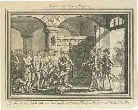 Sir Walter Raleigh Frees Five Indian Kings – Drake Voyages Engraving 1770