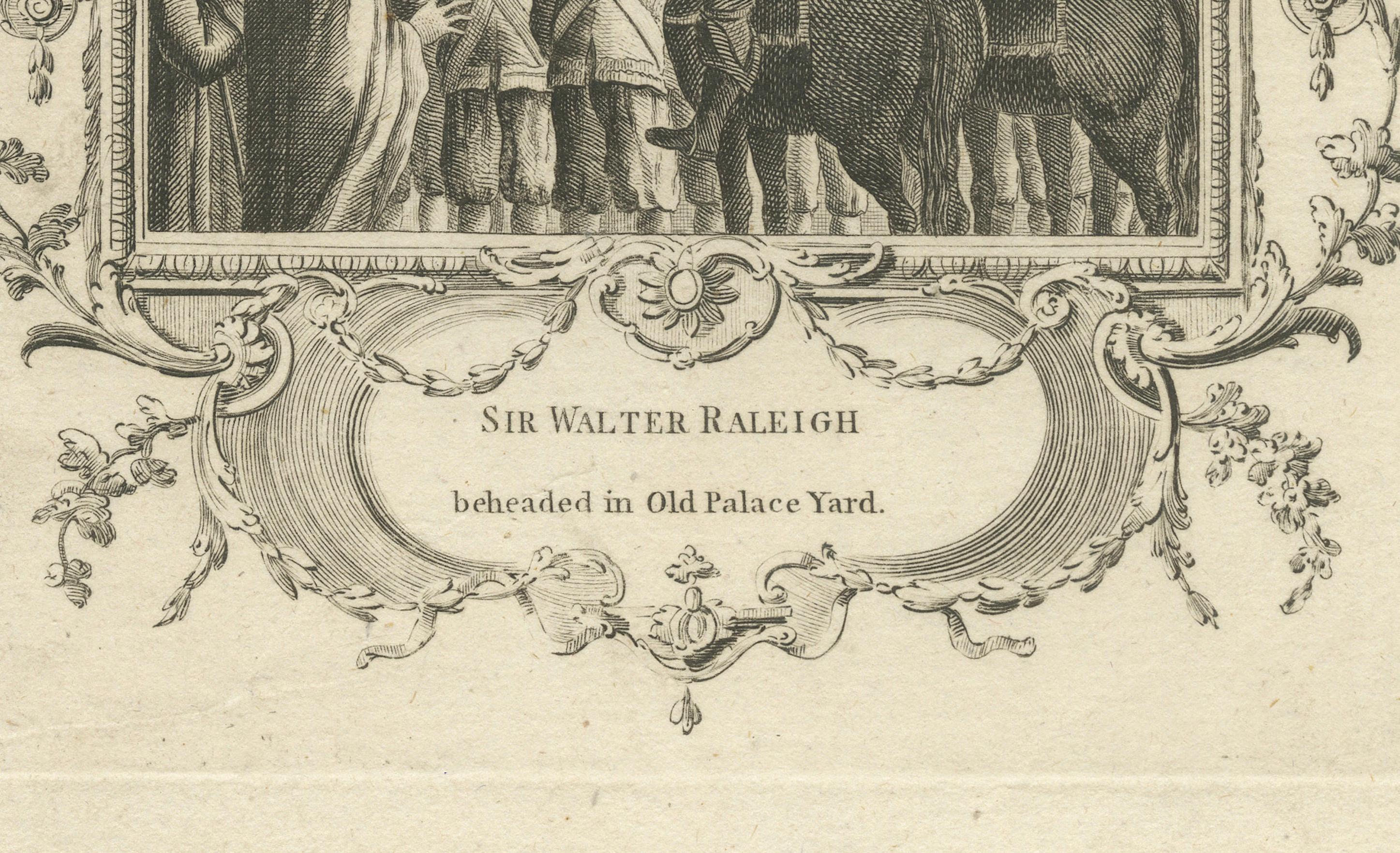 Sir Walter Raleighs execution at Old Palace Yard, Kupferstich aus dem 18. Jahrhundert im Zustand „Gut“ im Angebot in Langweer, NL