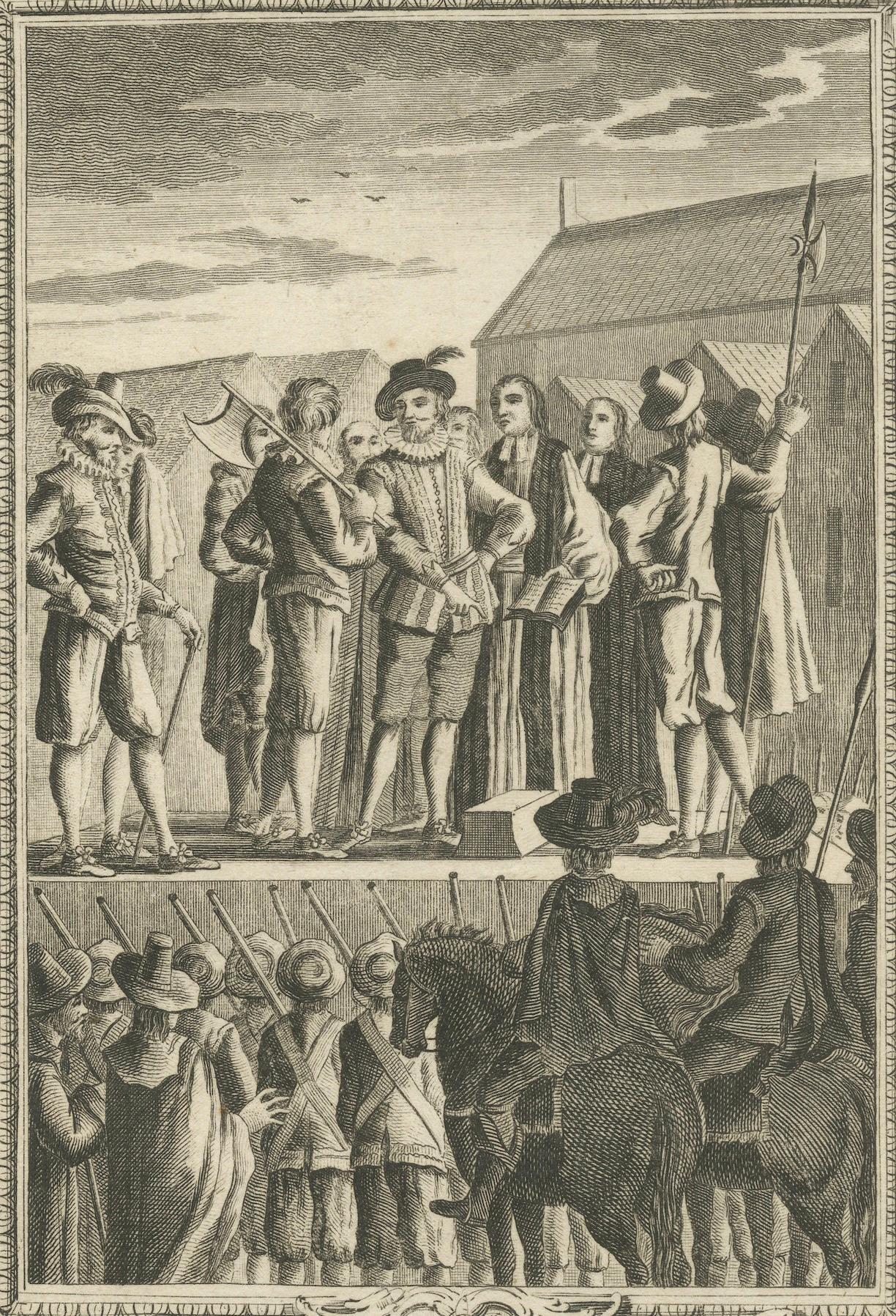Sir Walter Raleighs execution at Old Palace Yard, Kupferstich aus dem 18. Jahrhundert (Spätes 18. Jahrhundert) im Angebot