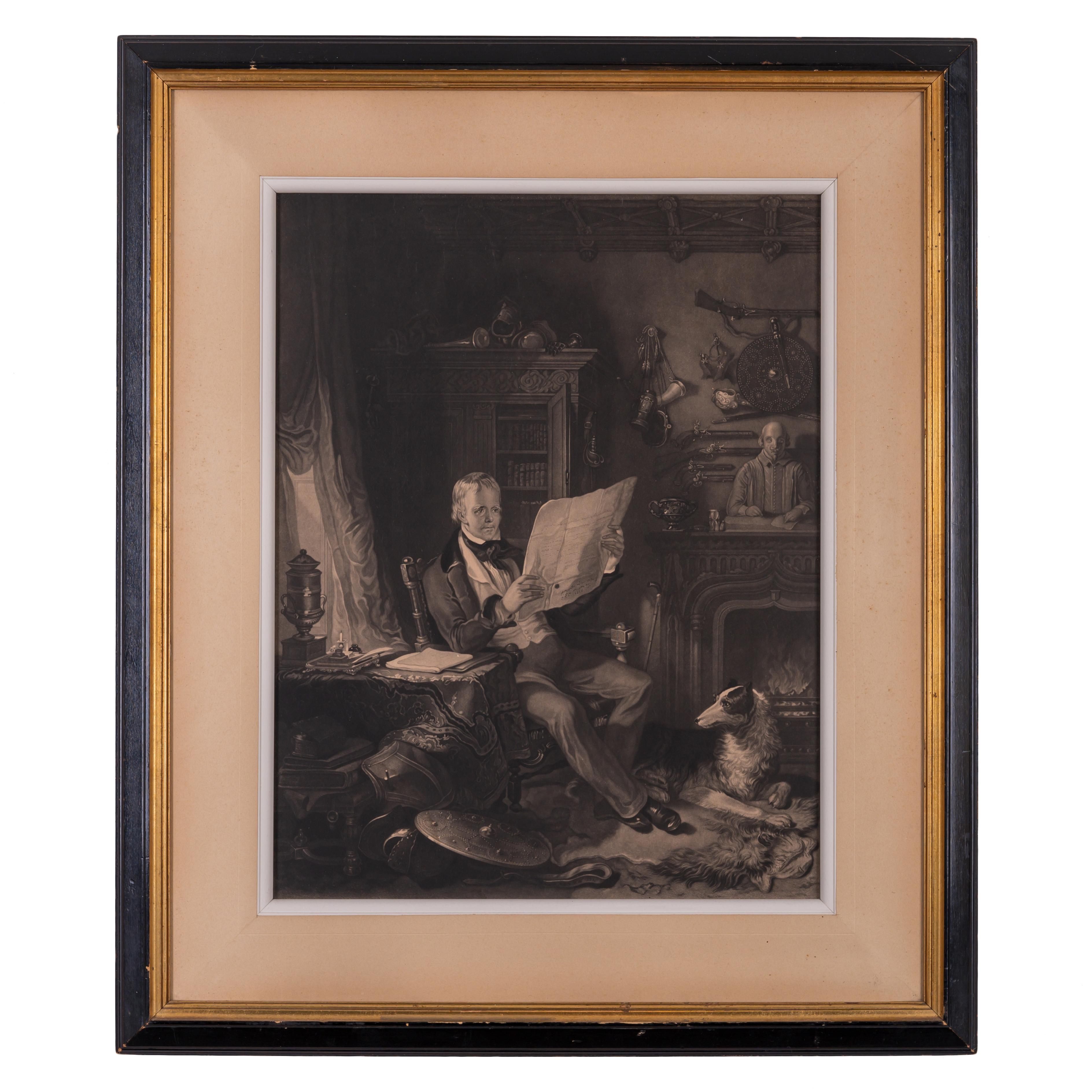 Ein Stich nach einem Gemälde von William Allan (Schotte, 1782-1850), das Sir Walter Scott in seinem Arbeitszimmer in Abbotsford zeigt. Es wurde 1846 in New York von Henry Samuel Sadd (Brite, 1810-1893) veröffentlicht.

Sicht: 15 x 19 ½ Zoll
Rahmen: