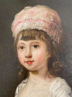 18th Century Portrait Painting of a Young Girl Wearing a Pink Bonnet