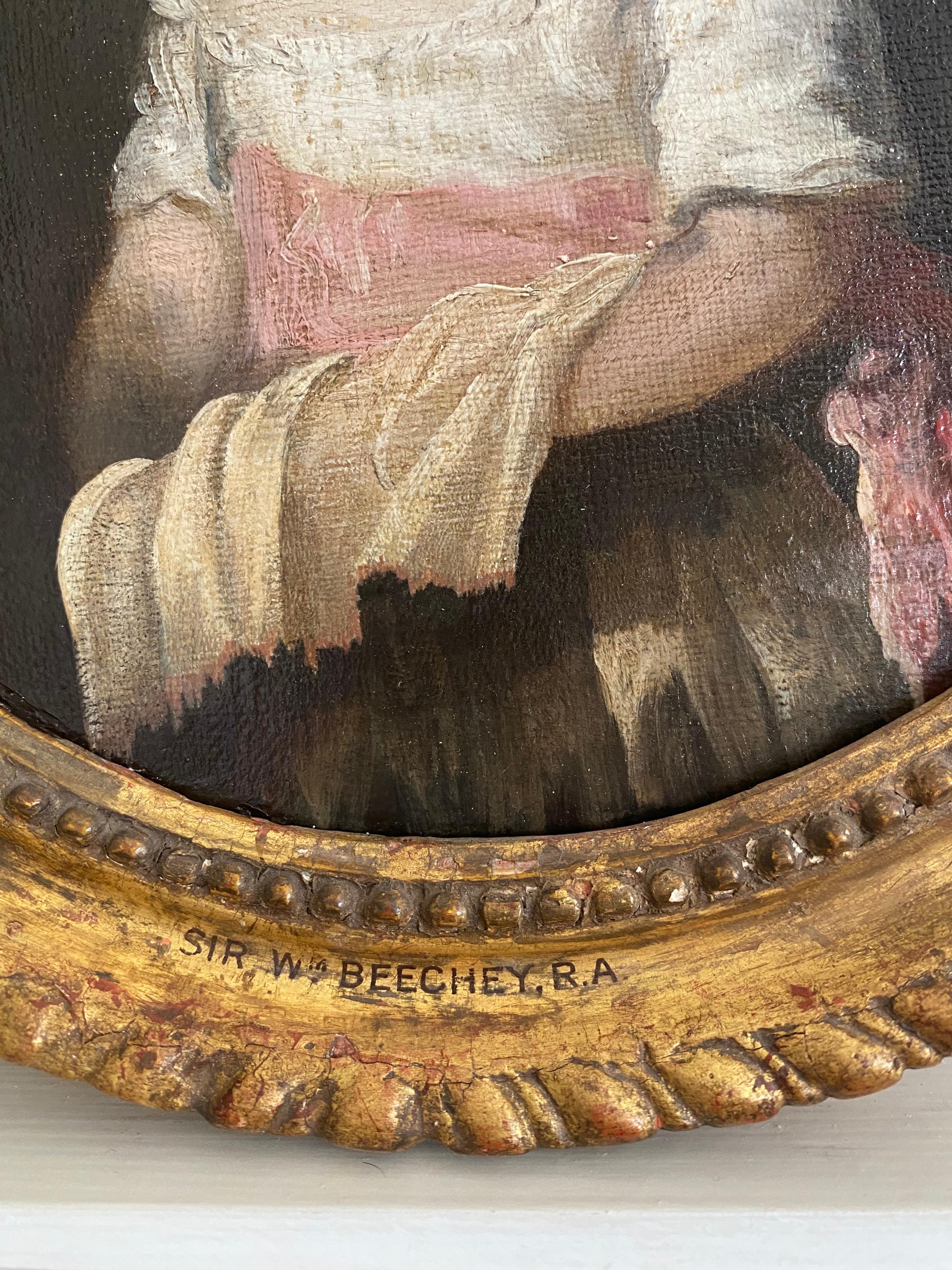 A charming smaller scale 18th century portrait of a young girl in a pink bonnet wearing a white gown with pink sash, attributed to Sir William Beechey RA (1753-1839)

Oil on canvas in a period oval giltwood frame, inscribed on lower frame 'Sir W