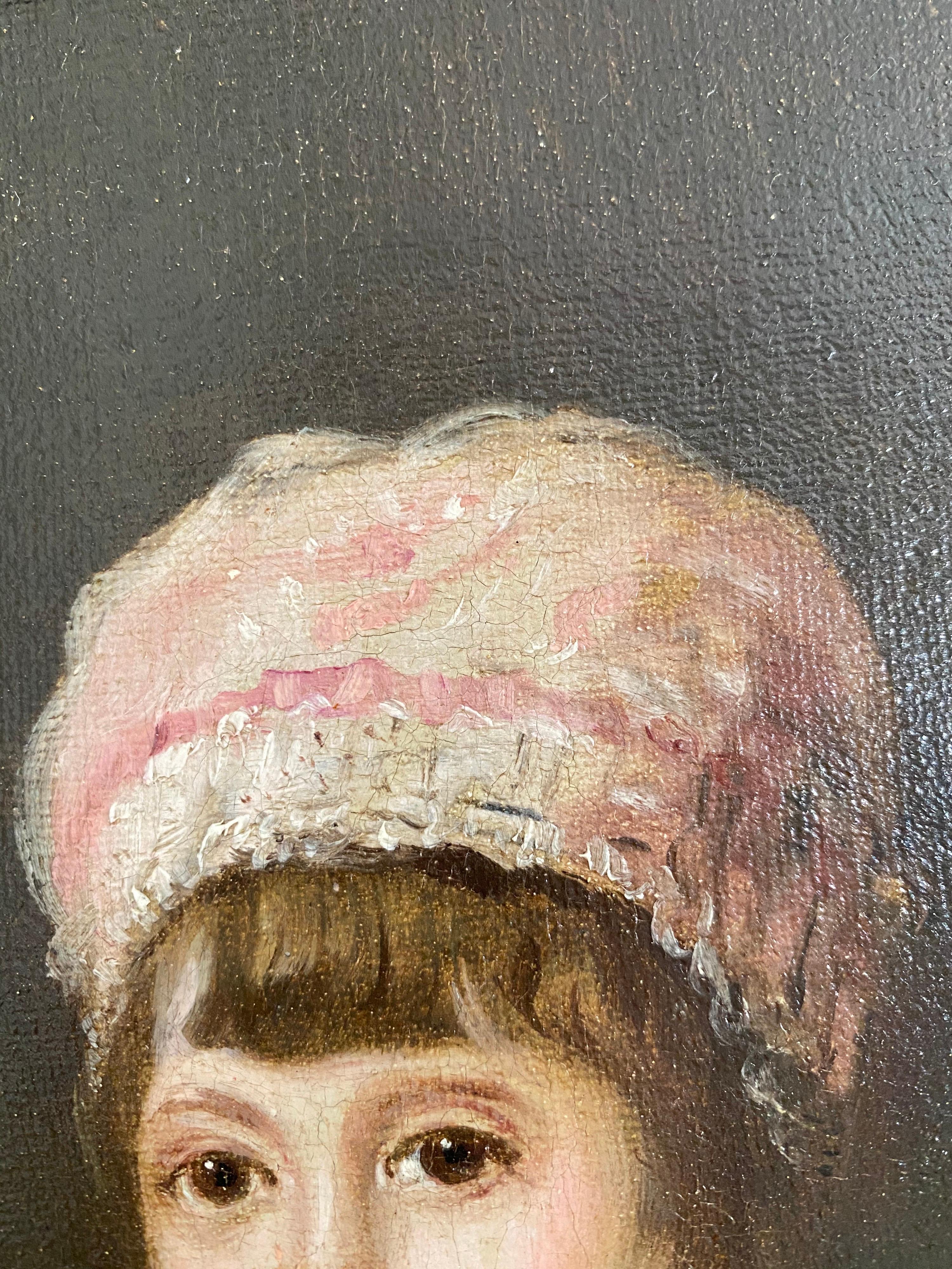 18th Century Portrait Painting of a Young Girl Wearing a Pink Bonnet 1