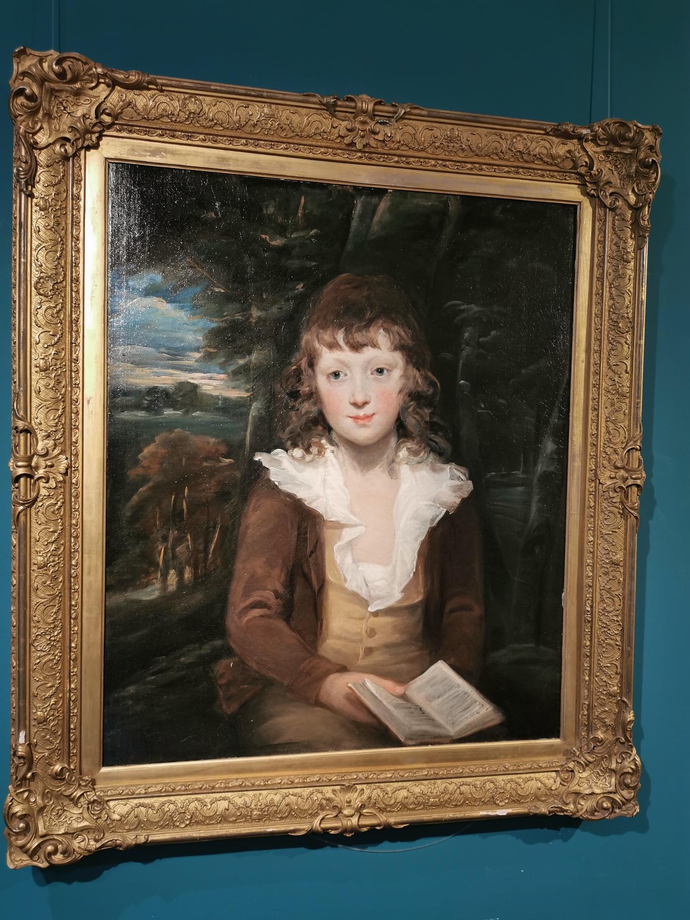 Fine 18thC Oil Painting Major English Portrait Artist Portrait of Boy with Book - Black Portrait Painting by Sir William Beechey