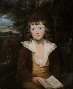 Fine 18thC Oil Painting Major English Portrait Artist Portrait of Boy with Book