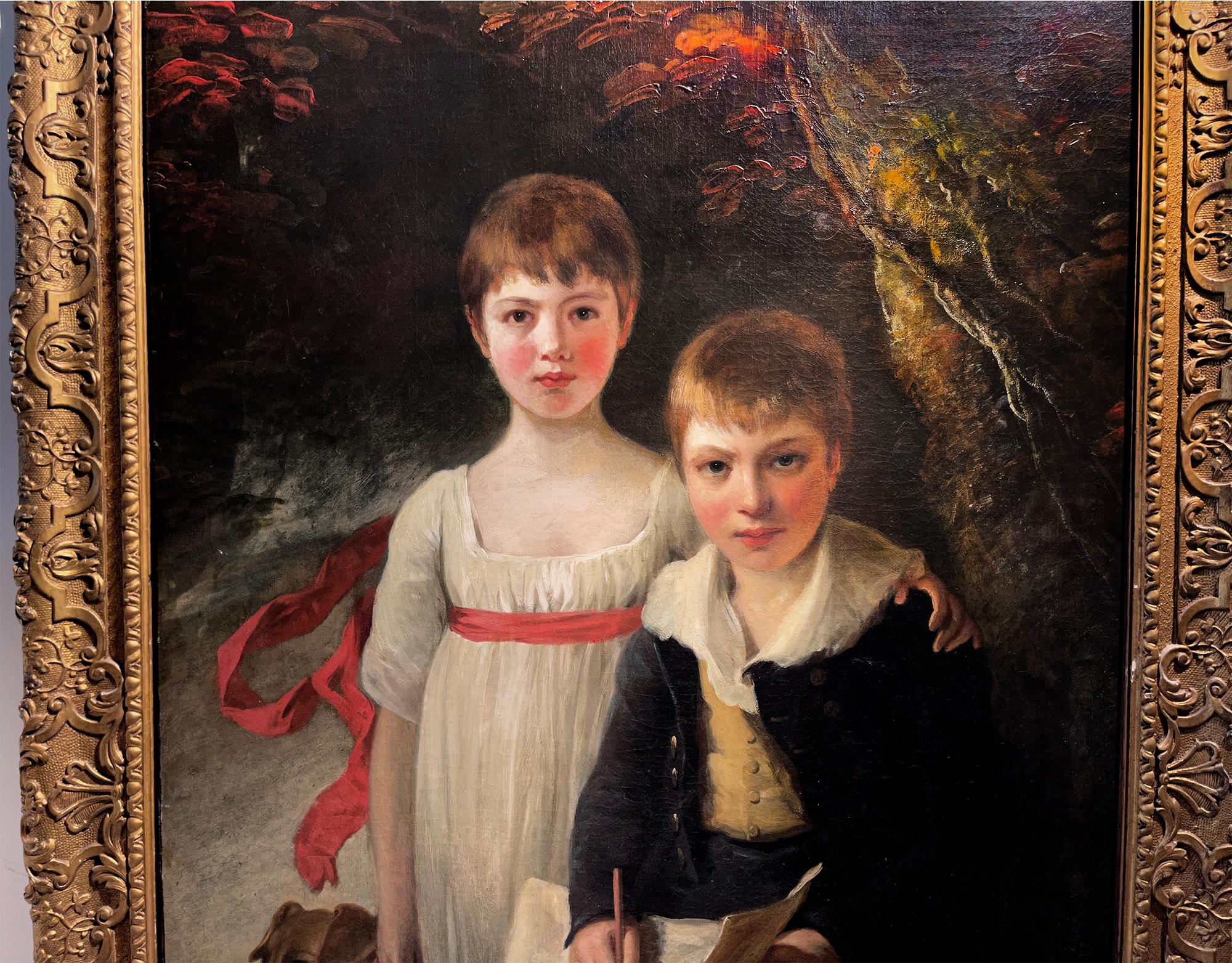 This charming portrait is a statement piece for any space. The two elegantly handsome sitters are brother and sister and are accompanied by their loyal dog.  In 18th and 19th century British portraiture, it is the attractiveness of the sitters that
