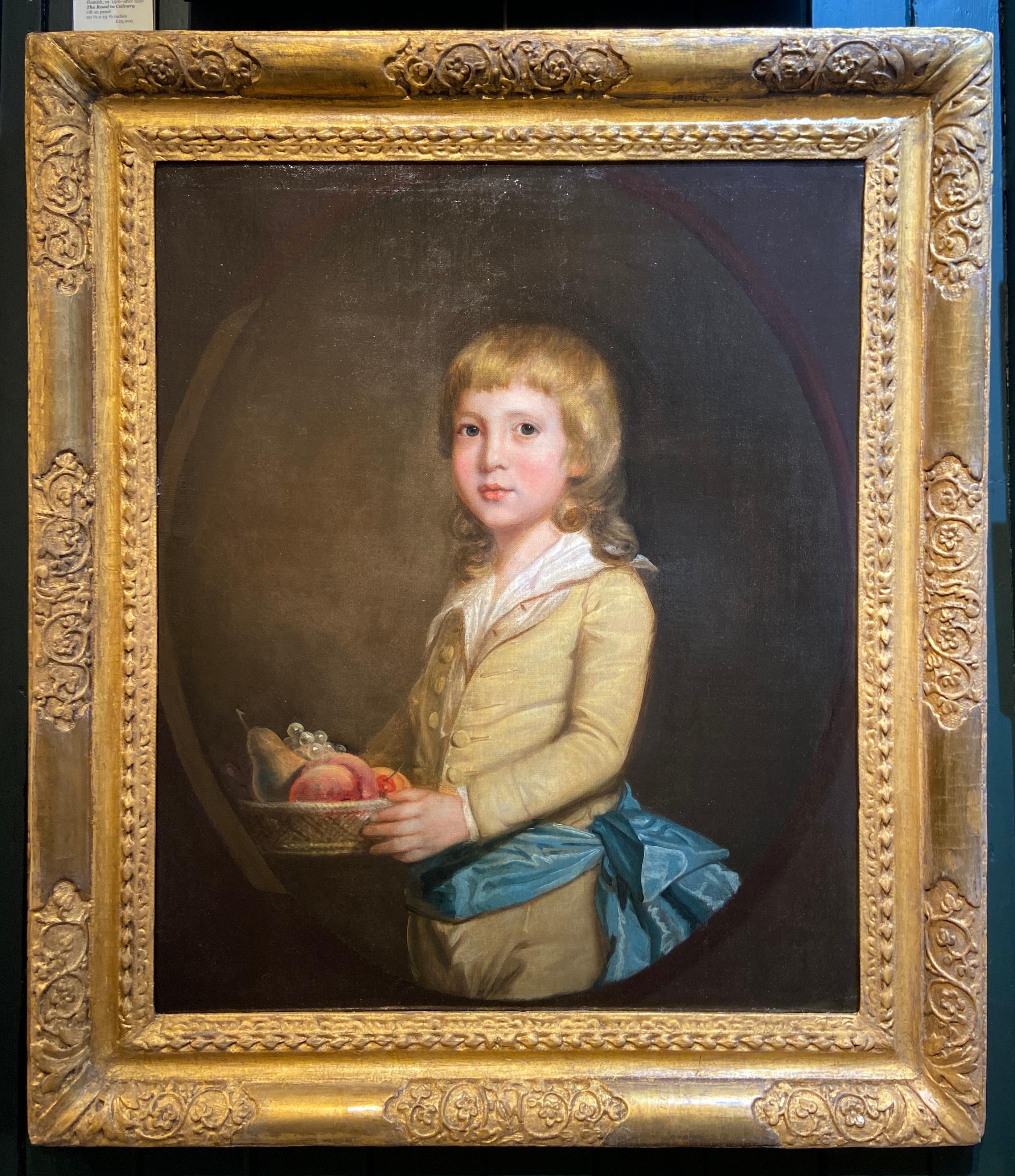Portrait of a Young Boy Carrying a Fruit Basket, 18th Century Oil on Canvas - Painting by Sir William Beechey