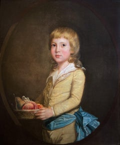 Antique Portrait of a Young Boy Carrying a Fruit Basket, 18th Century Oil on Canvas