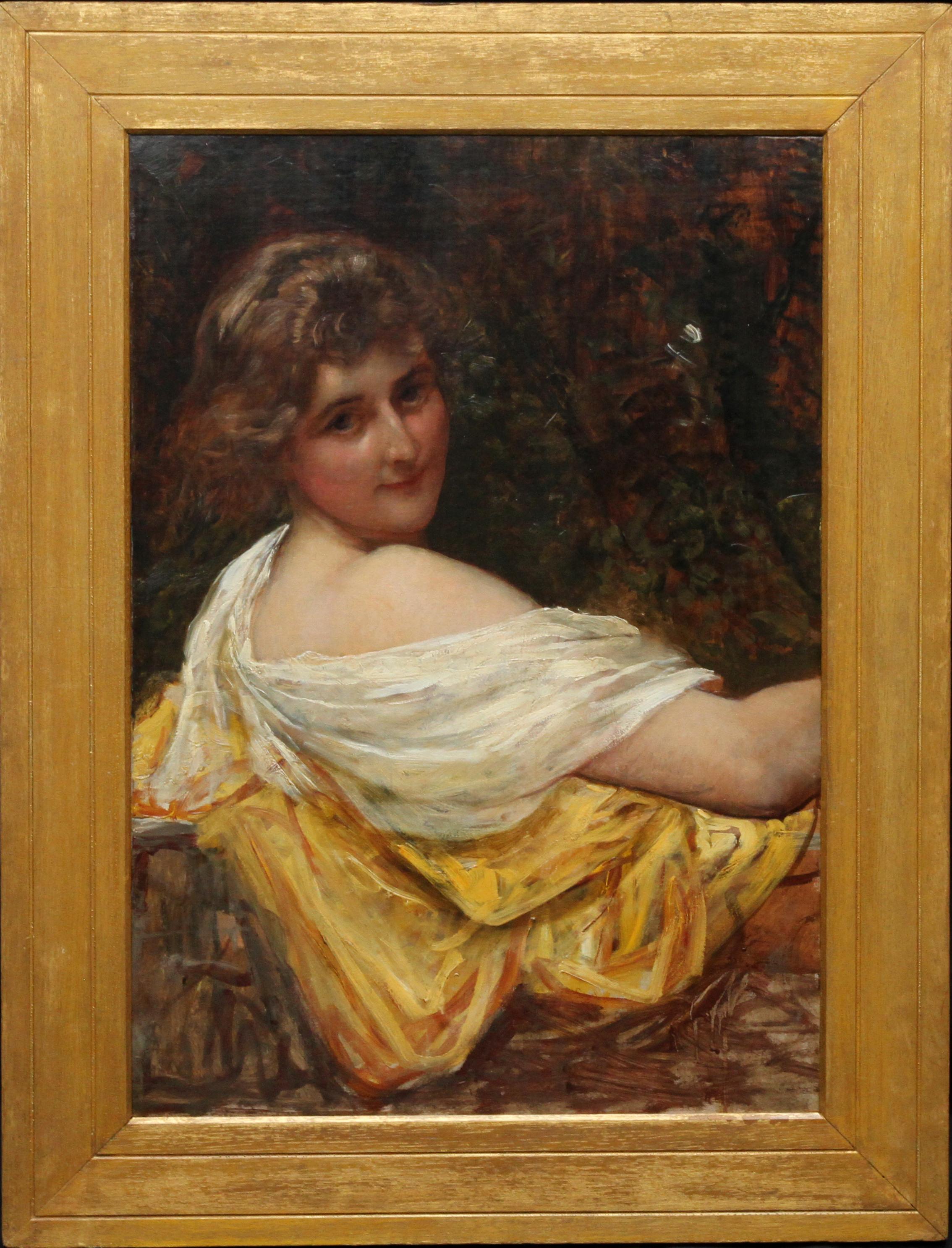 Portrait of a Young Lady in a Yellow Dress - British Victorian art oil painting  For Sale 5