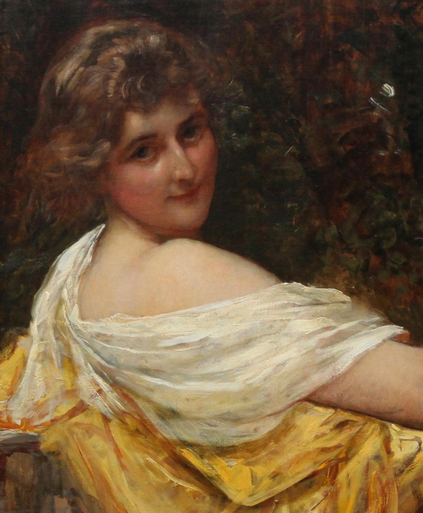 Porträt einer jungen Dame in einem gelben Kleid – britisches viktorianisches Ölgemälde  (Impressionismus), Painting, von Sir William Blake Richmond
