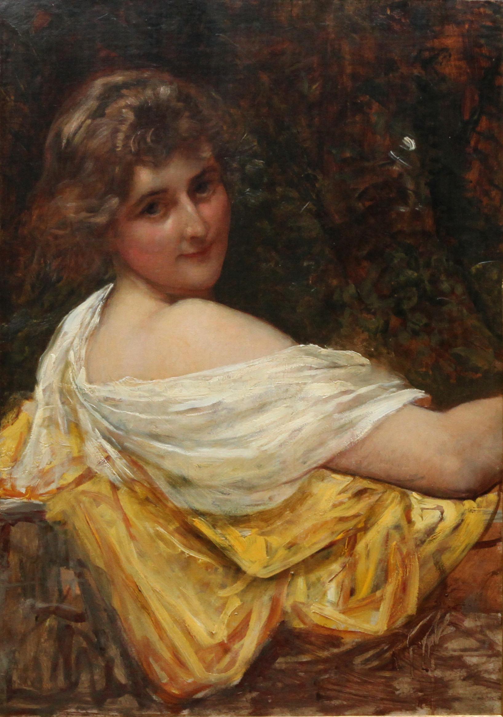 Portrait of a Young Lady in a Yellow Dress - British Victorian art oil painting  For Sale 4