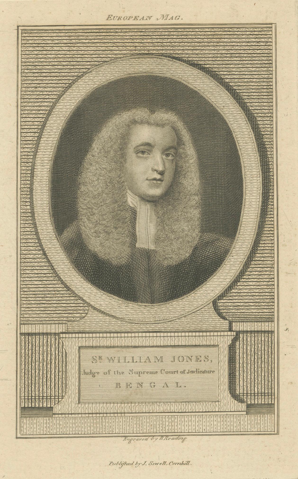 Sir William Jones – Judge of the Supreme Court of Bengal – European Mag. c.1795

This finely executed antique engraving depicts Sir William Jones (1746-1794), renowned British philologist, orientalist, and judge of the Supreme Court of Judicature at