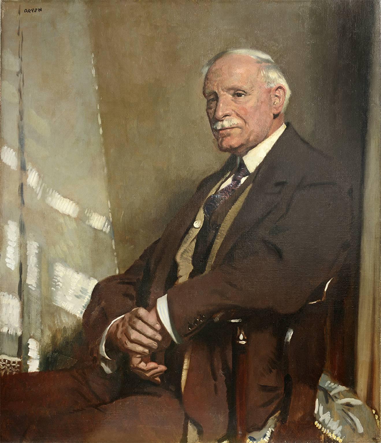 Sir William Orpen Figurative Painting - Portrait of Thomas Glass, seated half-length, in a brown three-piece suit