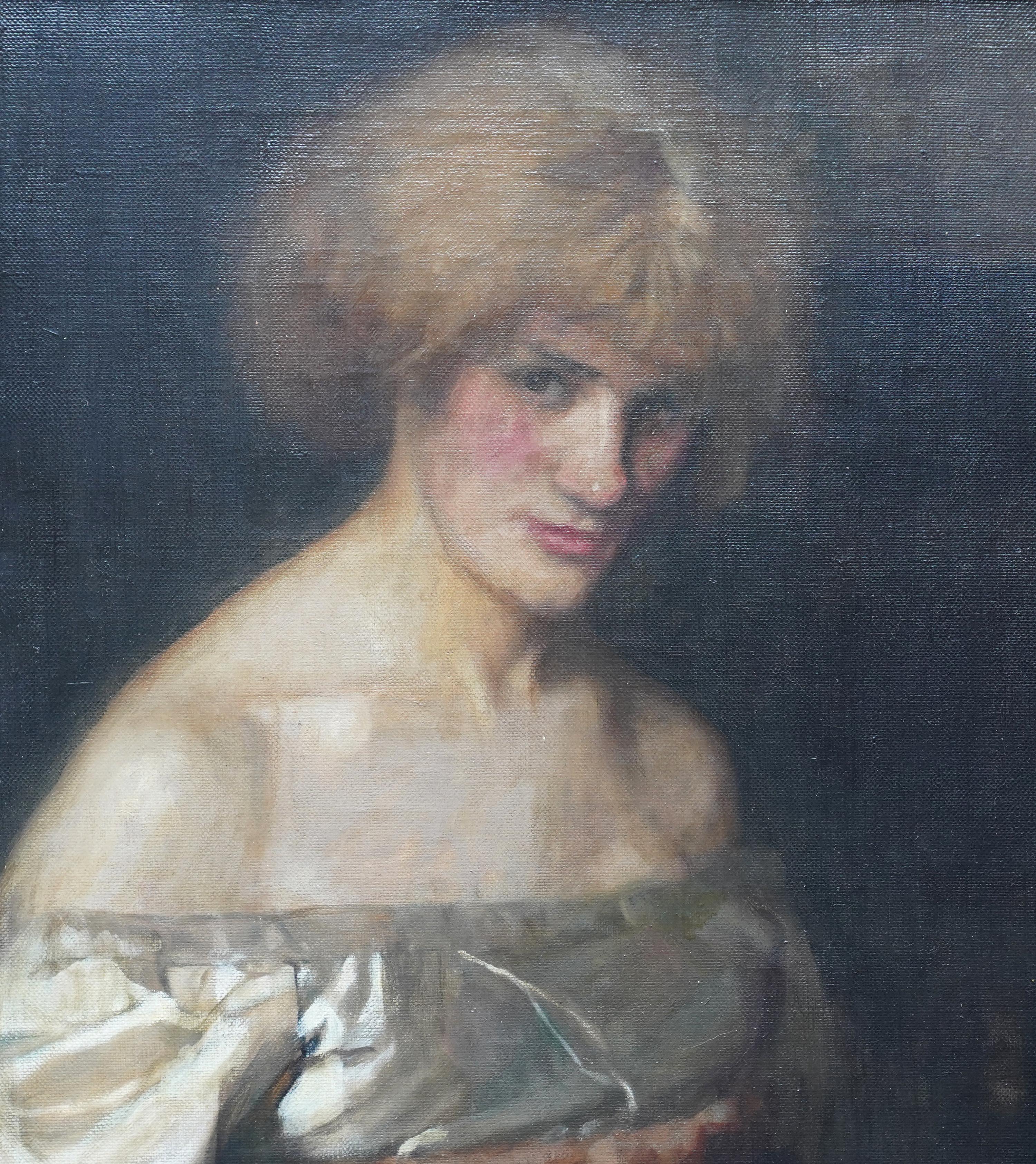 Retrato de una dama de rosa - Pintura al óleo femenina de arte impresionista victoriano - Painting Impresionista de Sir William Rothenstein