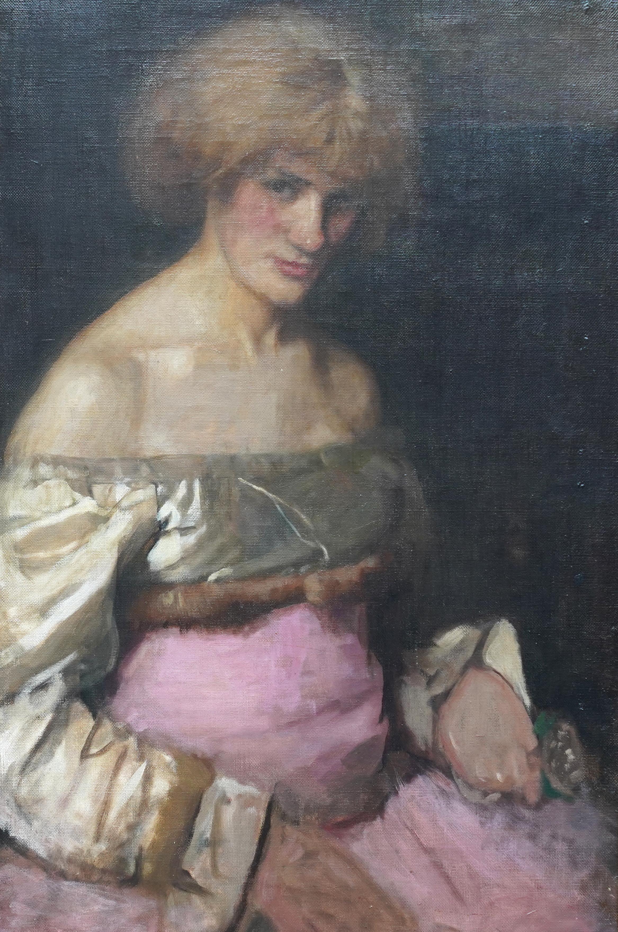 Retrato de una dama de rosa - Pintura al óleo femenina de arte impresionista victoriano en venta 4
