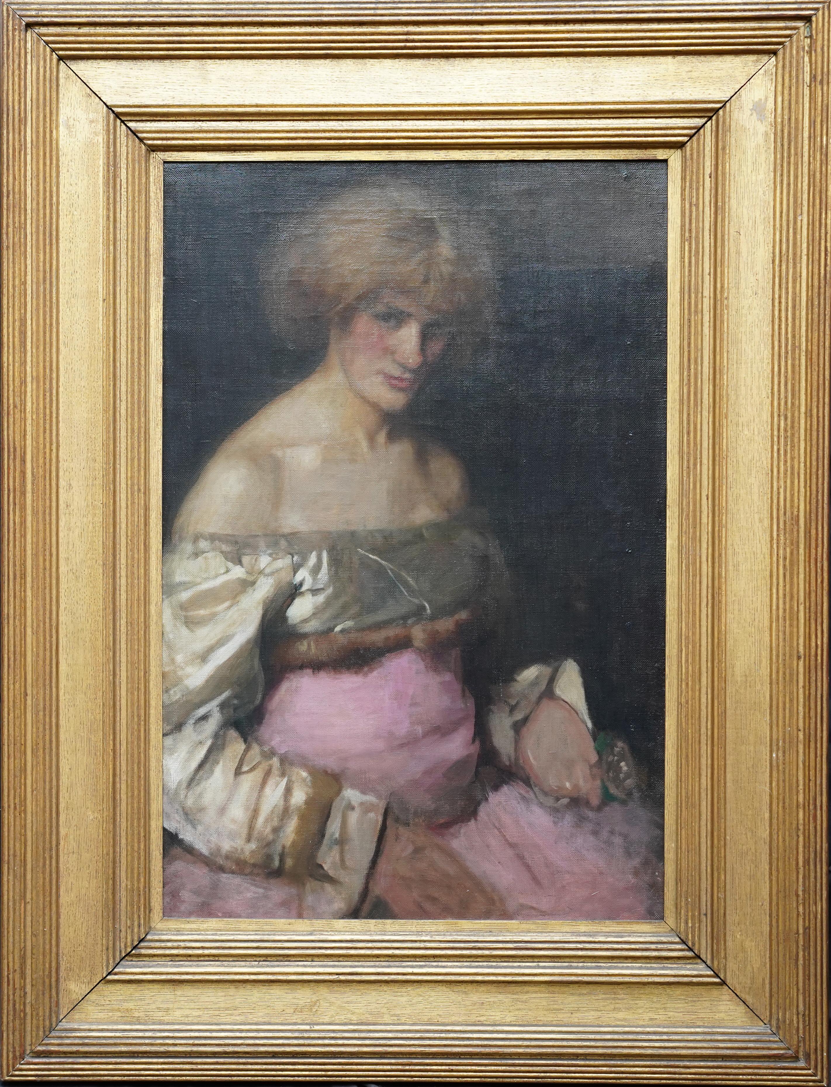 Portrait d'une femme en rose - peinture à l'huile impressionniste victorienne