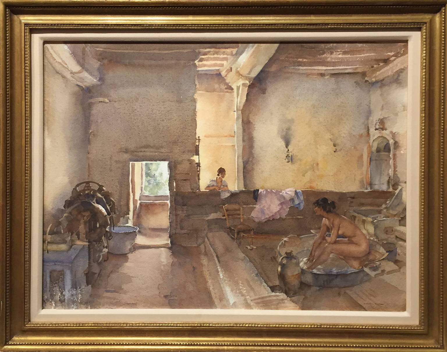 The Chateau Bath, Equilly (Paméla Bathing) - Watercolor - British - Art by William Russell Flint