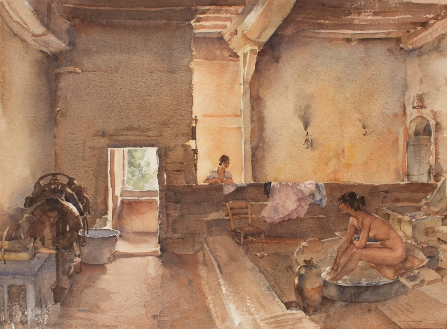 William Russell Flint Nude - The Chateau Bath, Equilly (Paméla Bathing) - Watercolor - British