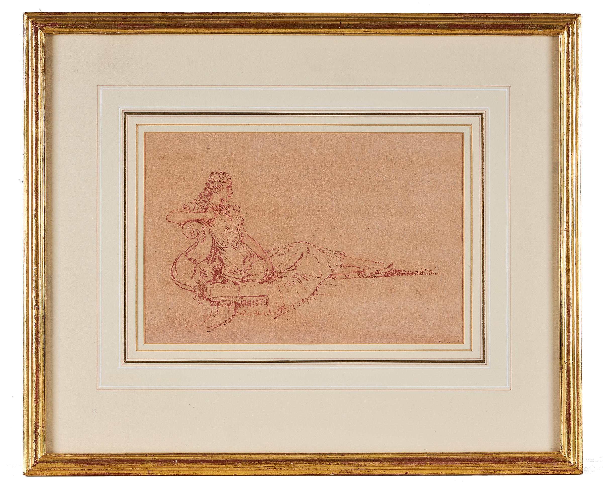 Sir William Russell Flint, British (1880-1969), 'Lady Reclining on a Chaise Longue', red crayon on paper, signed, framed.