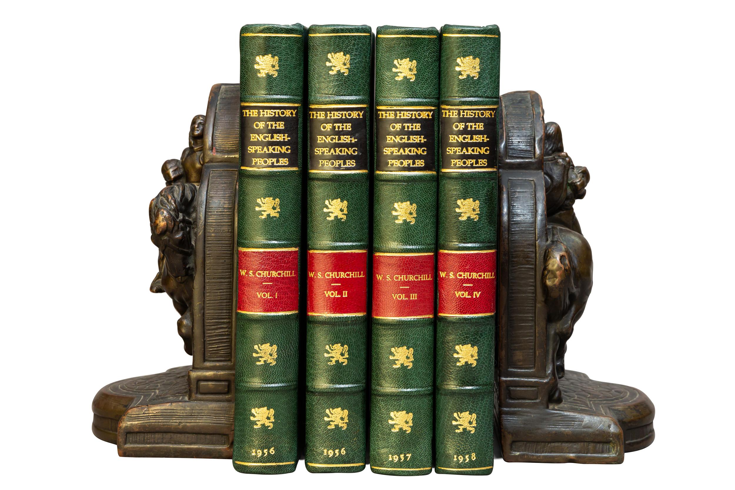 4 volumes. 

Sir Winston S. Churchill. History of The English Speaking Peoples. 

Rebound in 3/4 green morocco, green cloth boards, top edges gilt, raised bands, gilt panels, red labels.

Published: London: Cassell & Co. 1956-1958. First