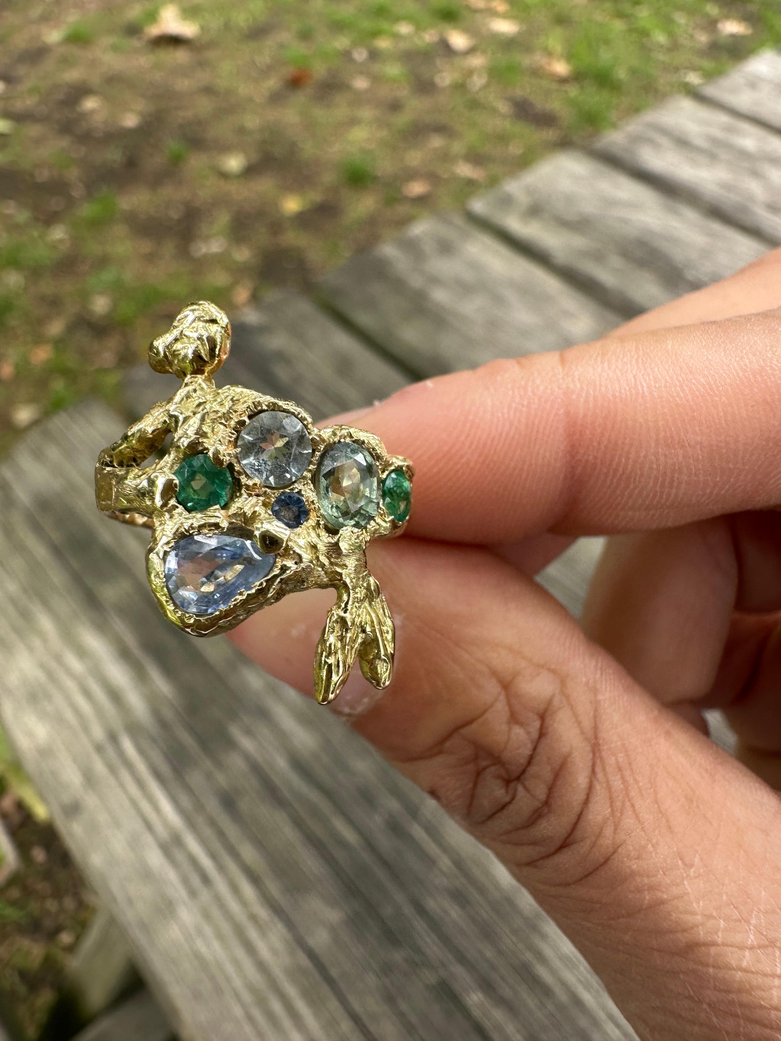 Siren Mermaid Ring with Emeralds, Sapphires, Aquamarine in Gold, in stock For Sale 1