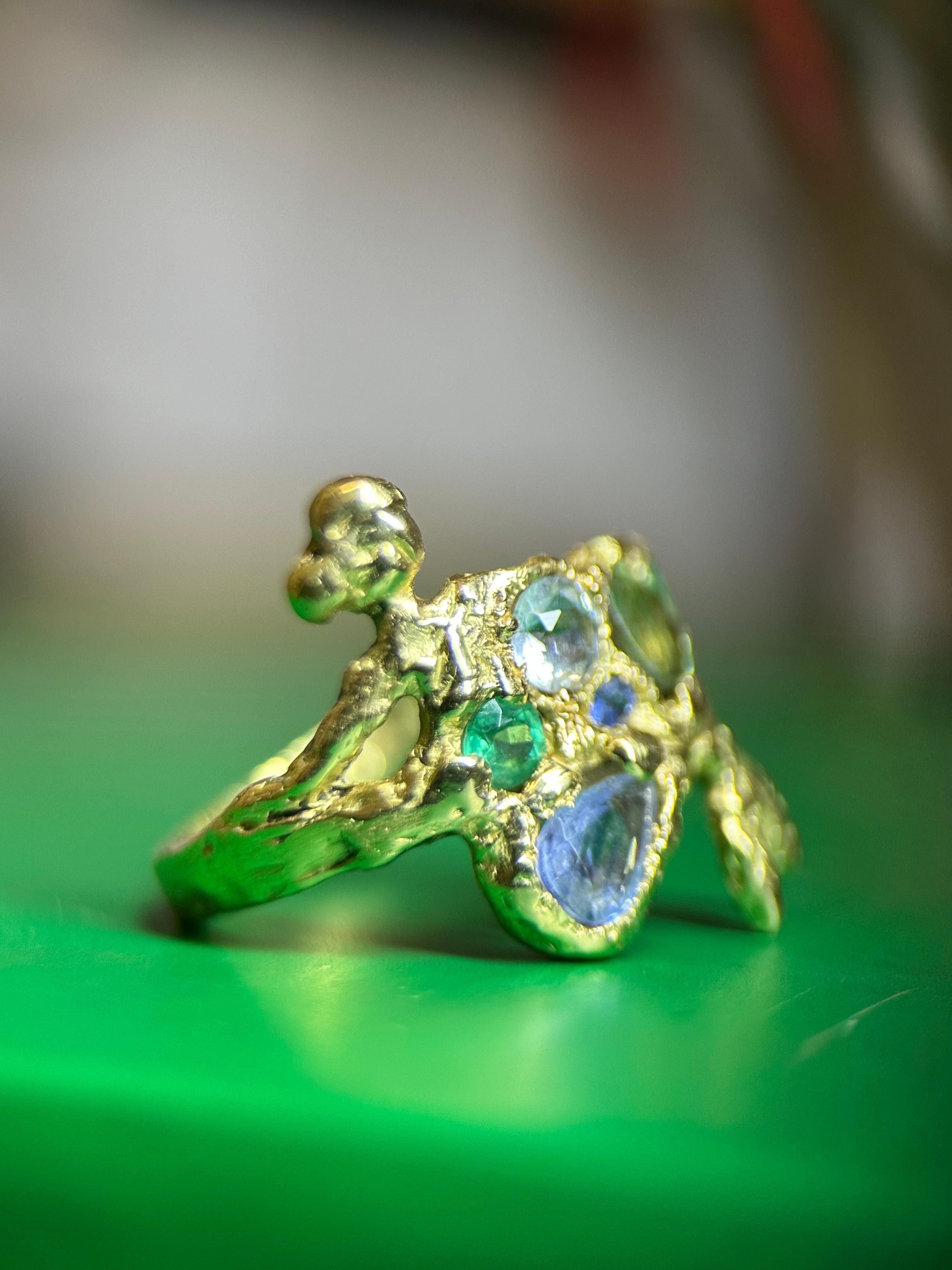 Siren Mermaid Ring with Emeralds, Sapphires, Aquamarine in Gold, in stock For Sale 3