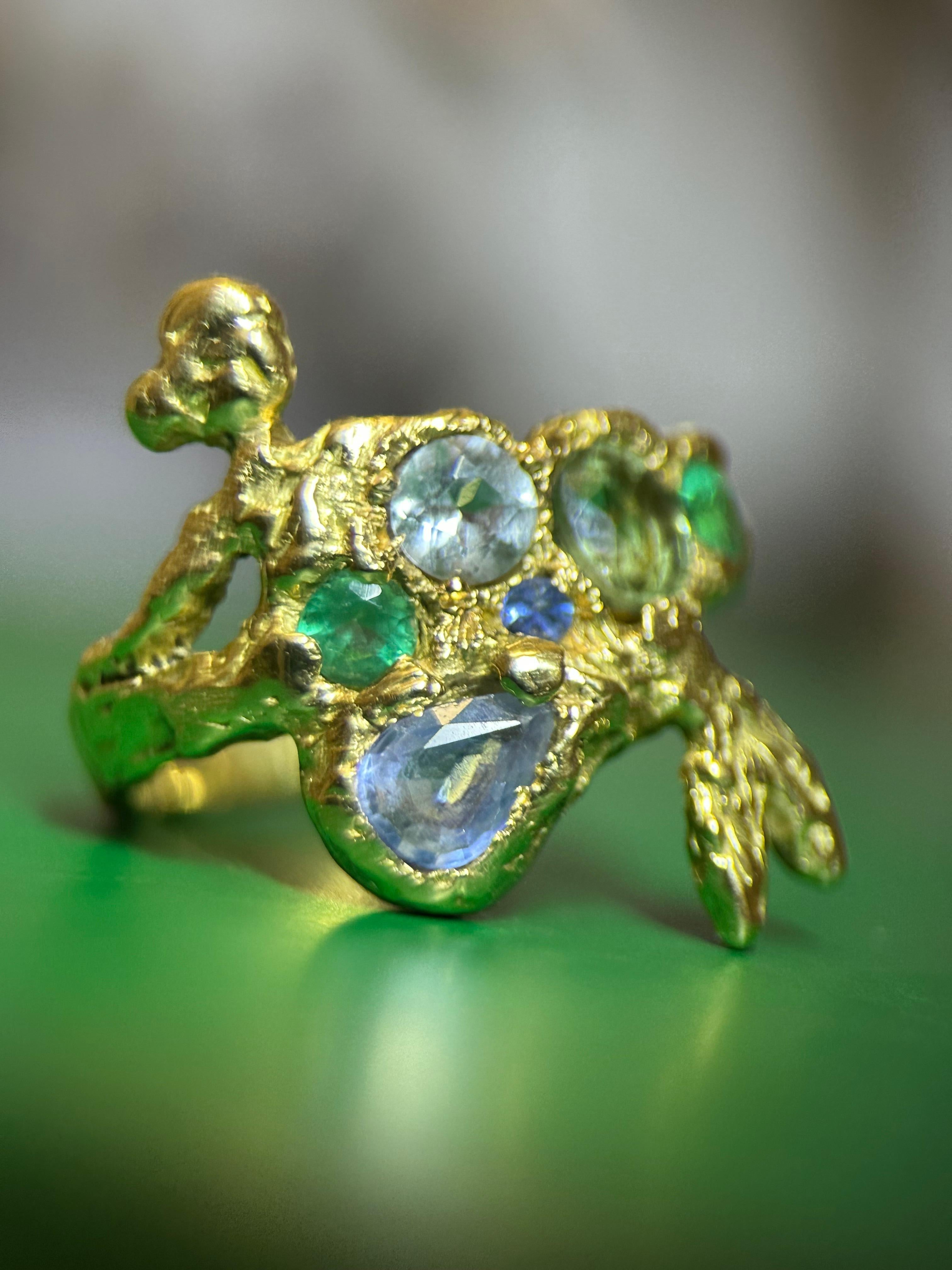 Siren Mermaid Ring with Emeralds, Sapphires, Aquamarine in Gold, in stock For Sale 5