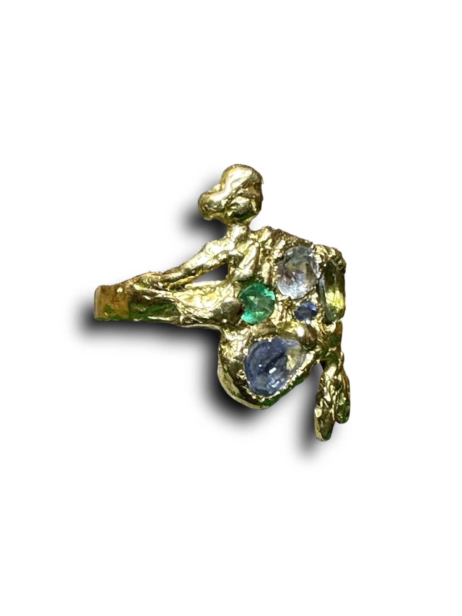 Artisan Siren Mermaid Ring with Emeralds, Sapphires, Aquamarine in Gold, in stock For Sale