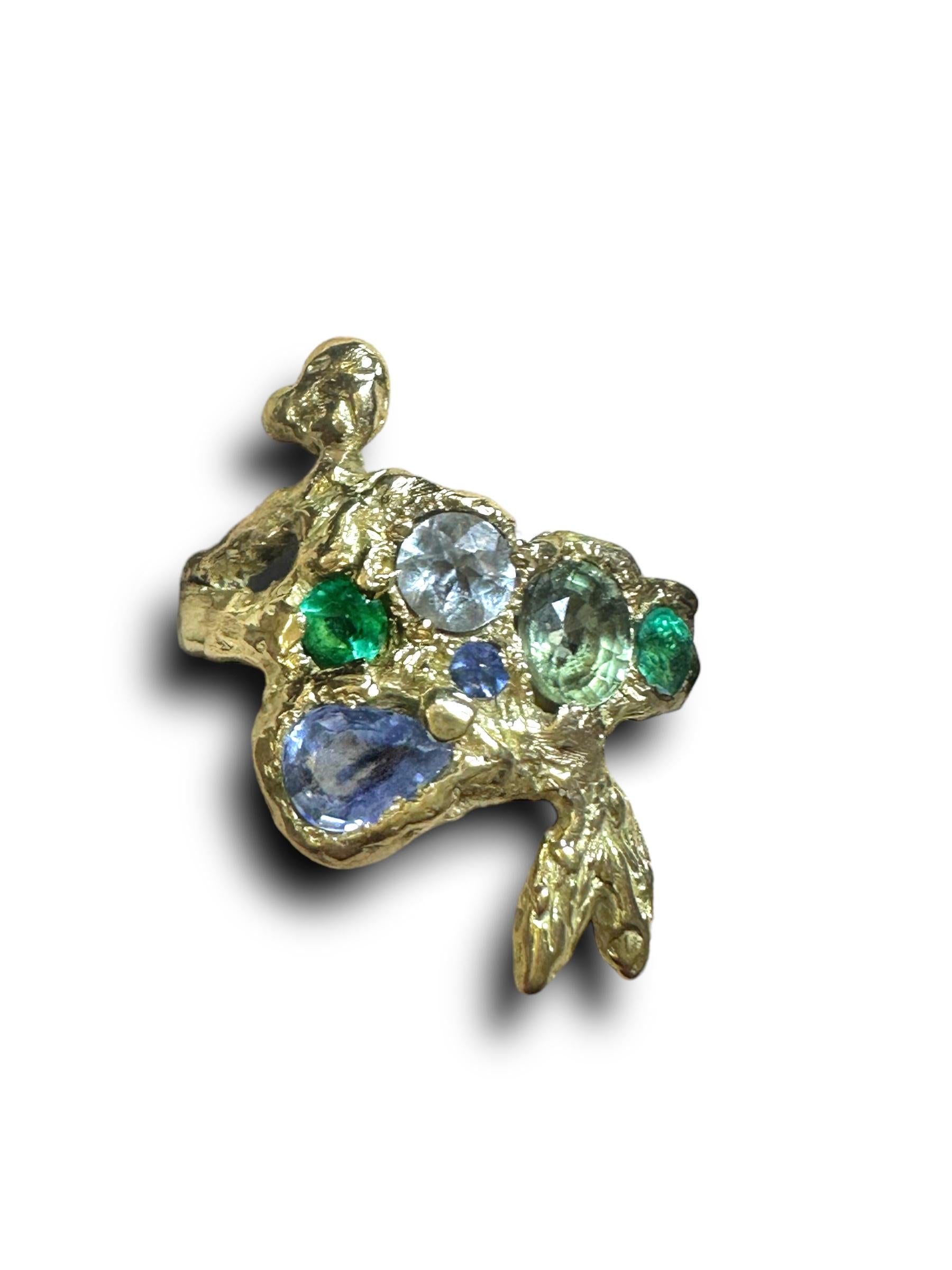 Siren Mermaid Ring with Emeralds, Sapphires, Aquamarine in Gold, in stock In New Condition For Sale In London, GB