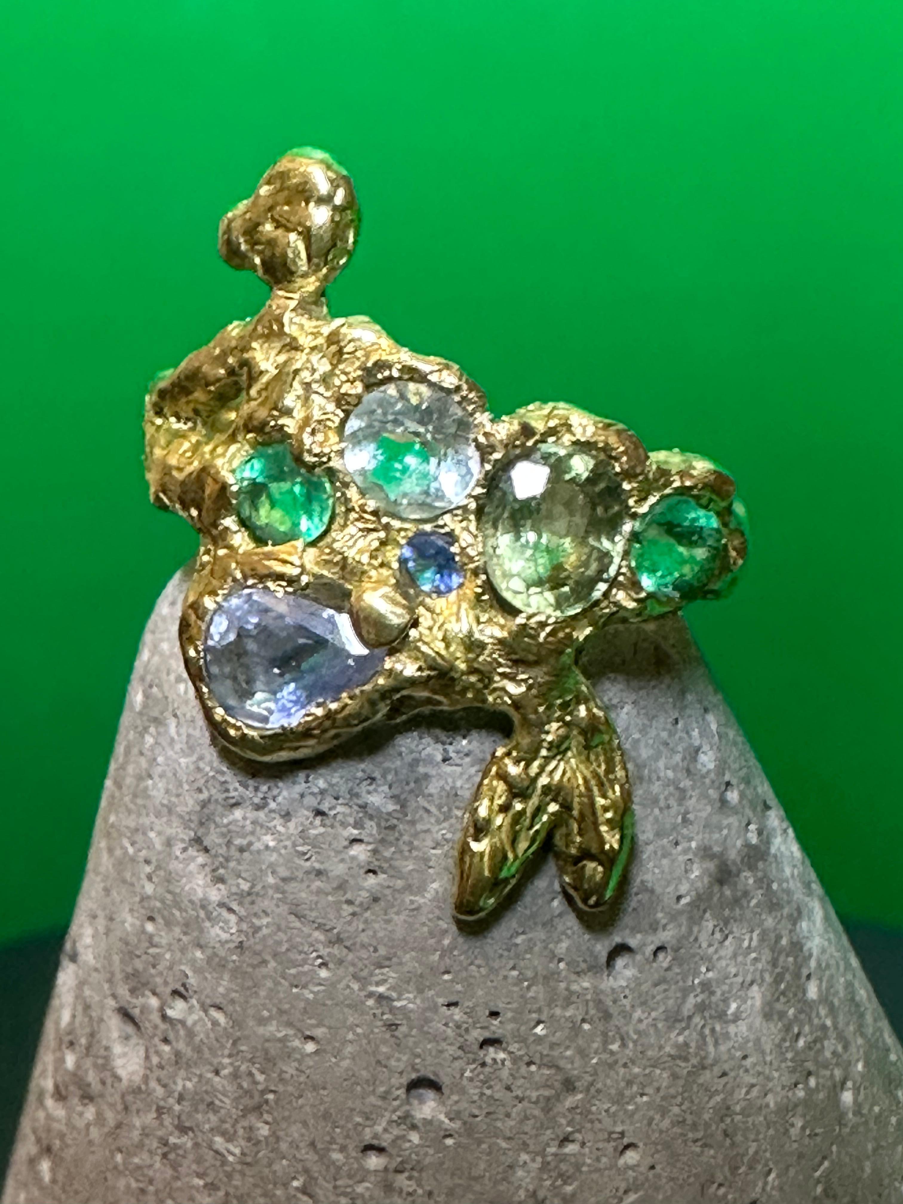 Women's Siren Mermaid Ring with Emeralds, Sapphires, Aquamarine in Gold, in stock For Sale